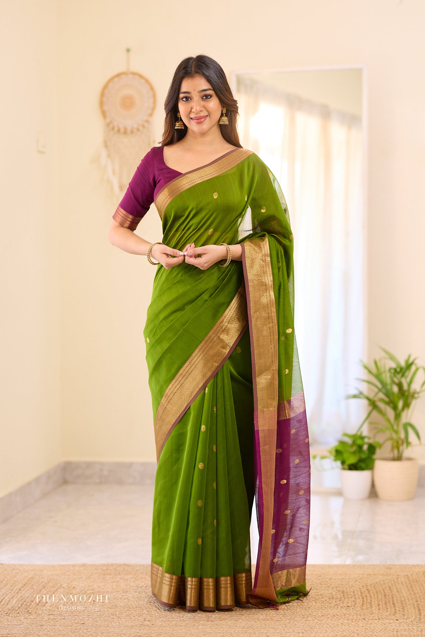 Green with Magenta Maheshwari silk cotton saree