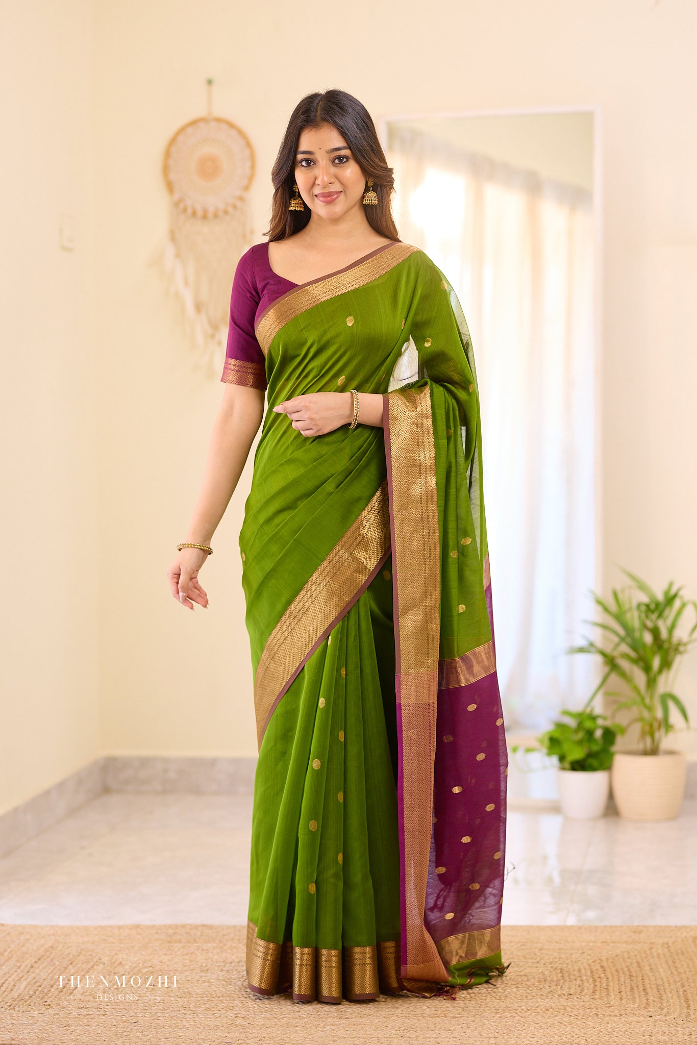 Green with Magenta Maheshwari silk cotton saree
