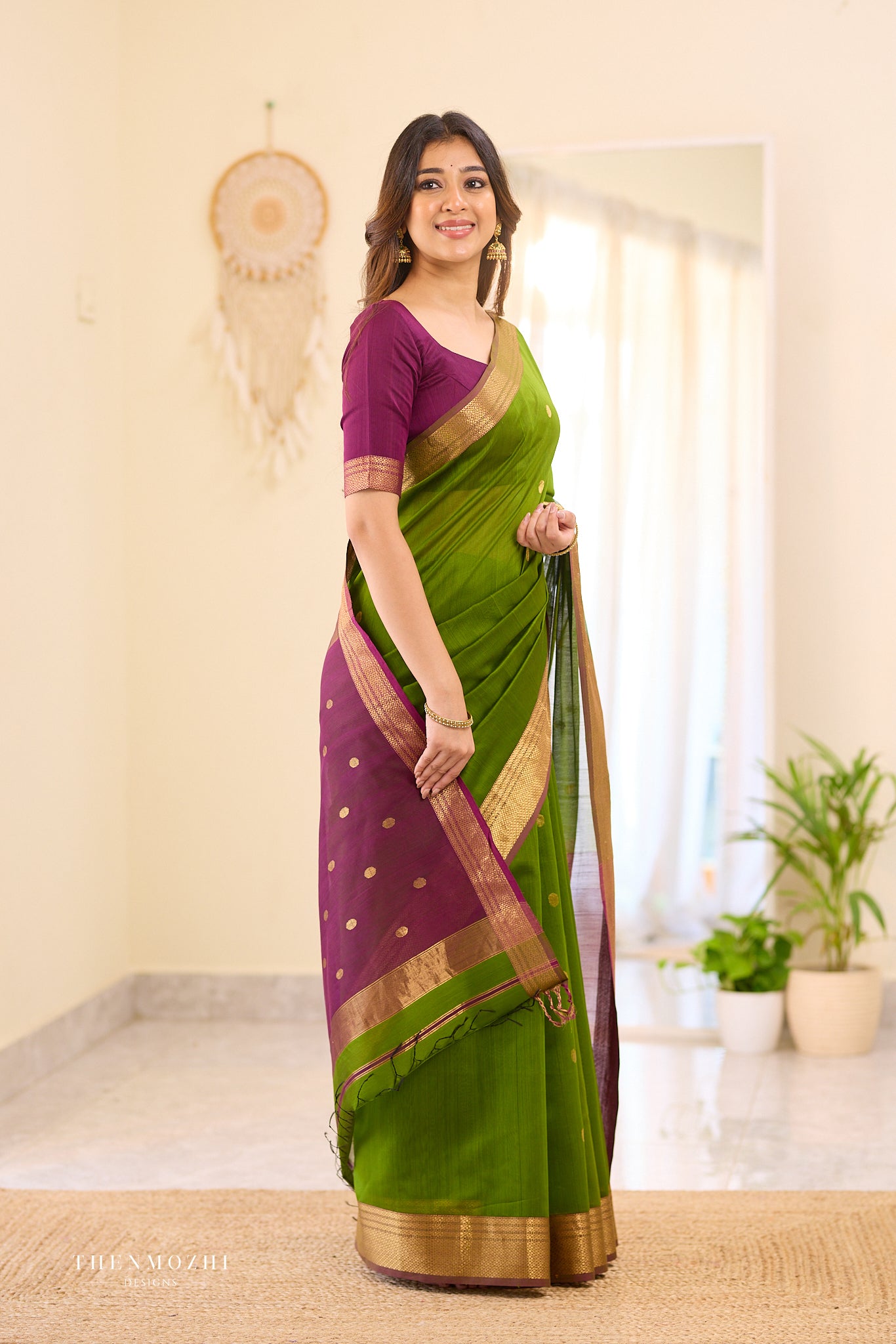 Green with Magenta Maheshwari silk cotton saree