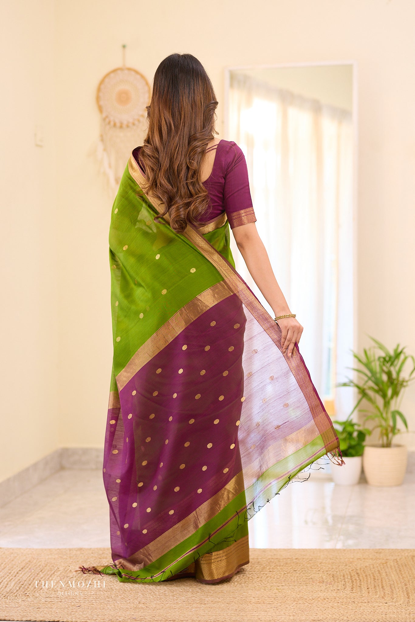 Green with Magenta Maheshwari silk cotton saree