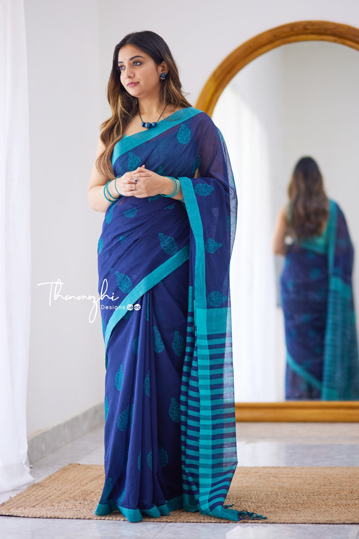 Blue Sapphire - Mangalagiri Block Printed Cotton Saree