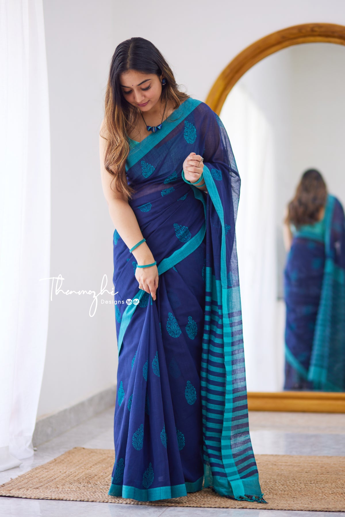 Blue Sapphire - Mangalagiri Block Printed Cotton Saree