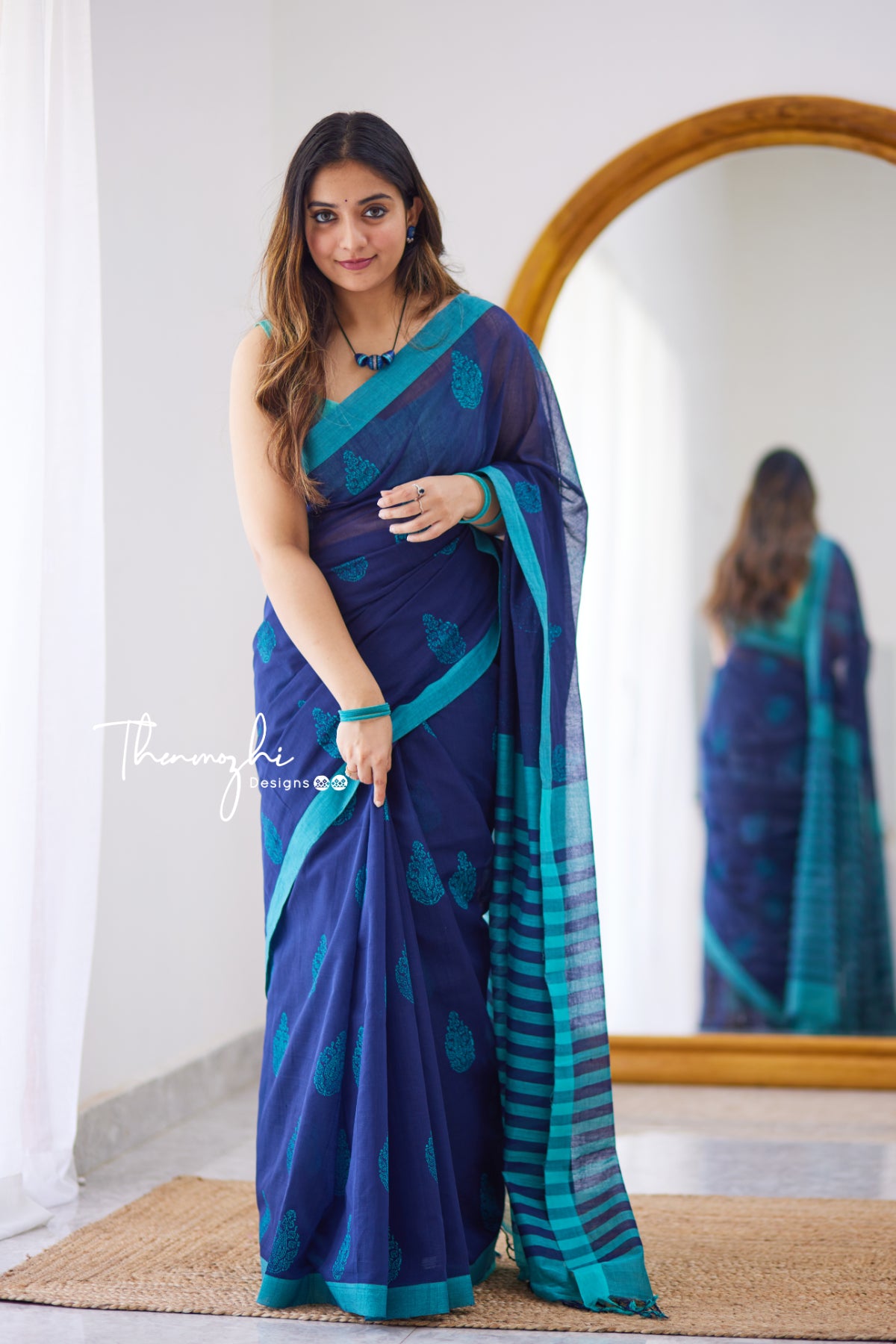 Blue Sapphire - Mangalagiri Block Printed Cotton Saree