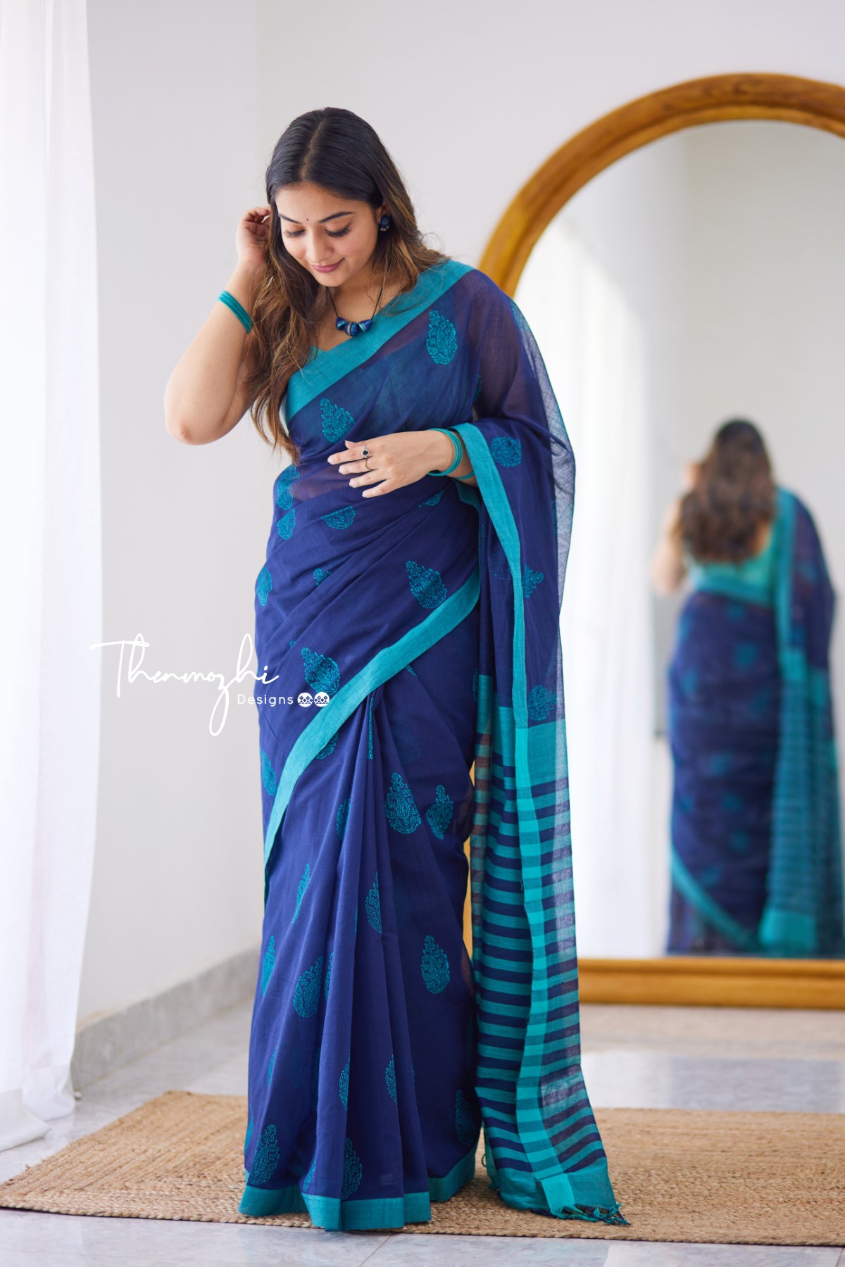 Blue Sapphire - Mangalagiri Block Printed Cotton Saree