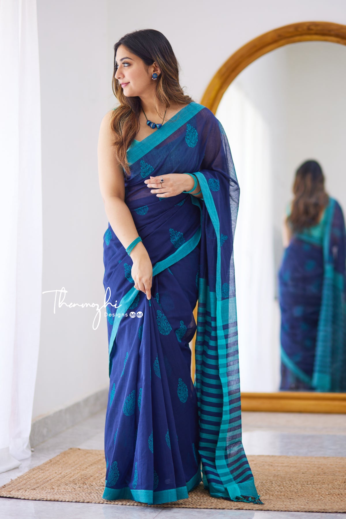 Blue Sapphire - Mangalagiri Block Printed Cotton Saree