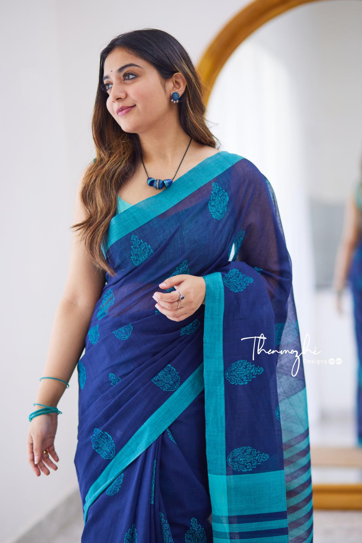 Blue Sapphire - Mangalagiri Block Printed Cotton Saree