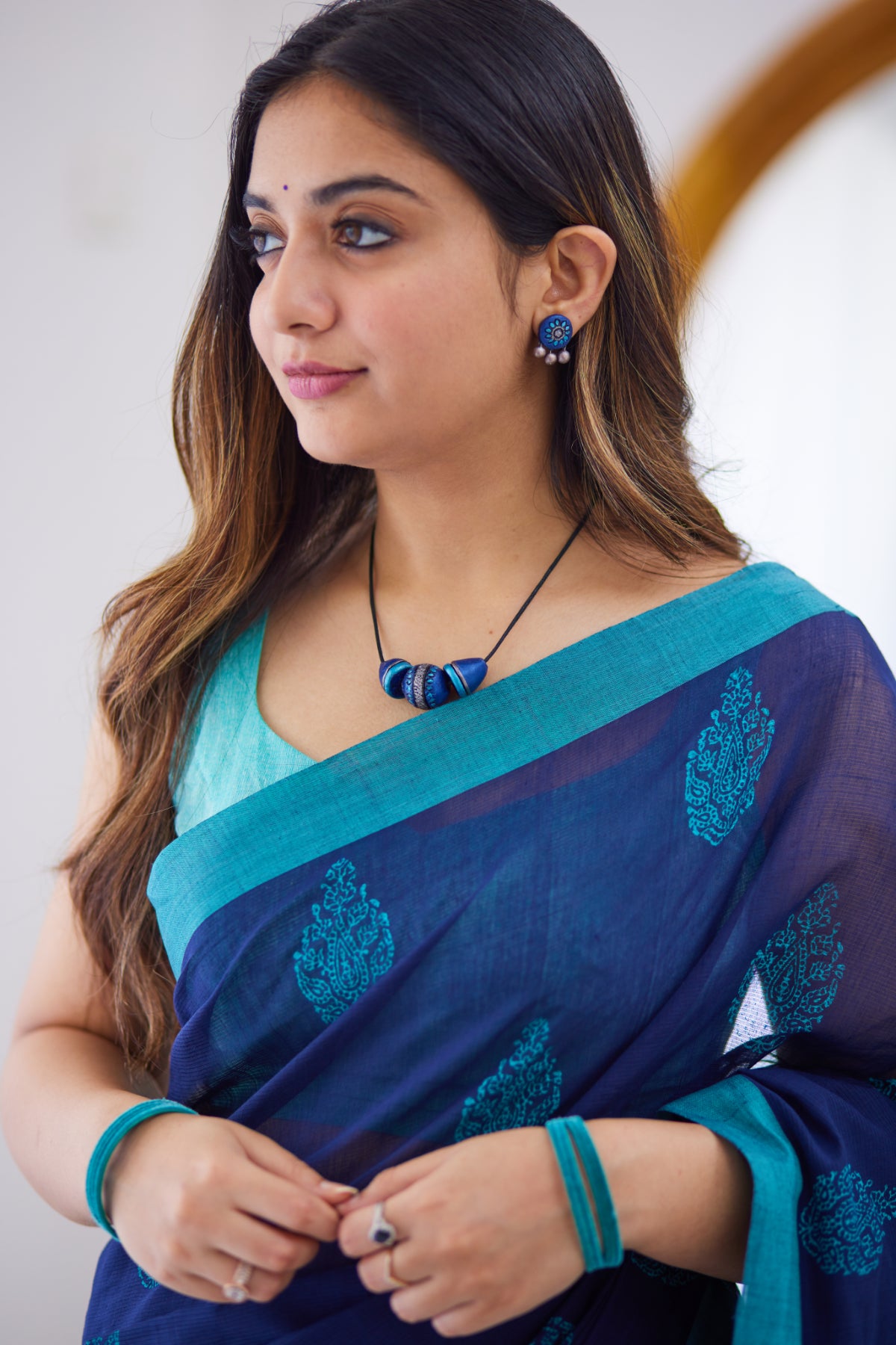Blue Sapphire - Mangalagiri Block Printed Cotton Saree