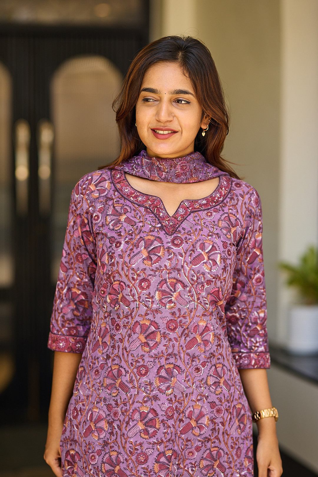 Mauve Garden Block Print Cotton Salwar Suit with Kota Dupatta