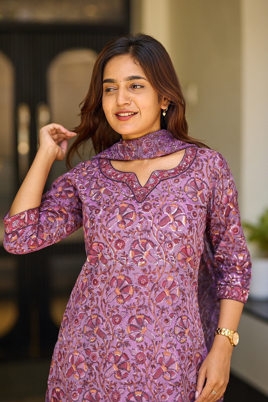 Mauve Garden Block Print Cotton Salwar Suit with Kota Dupatta