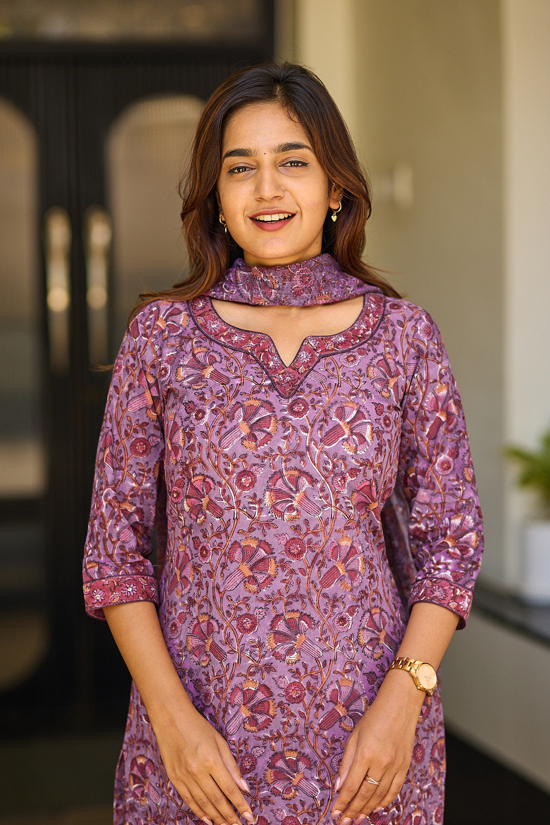 Mauve Garden Block Print Cotton Salwar Suit with Kota Dupatta