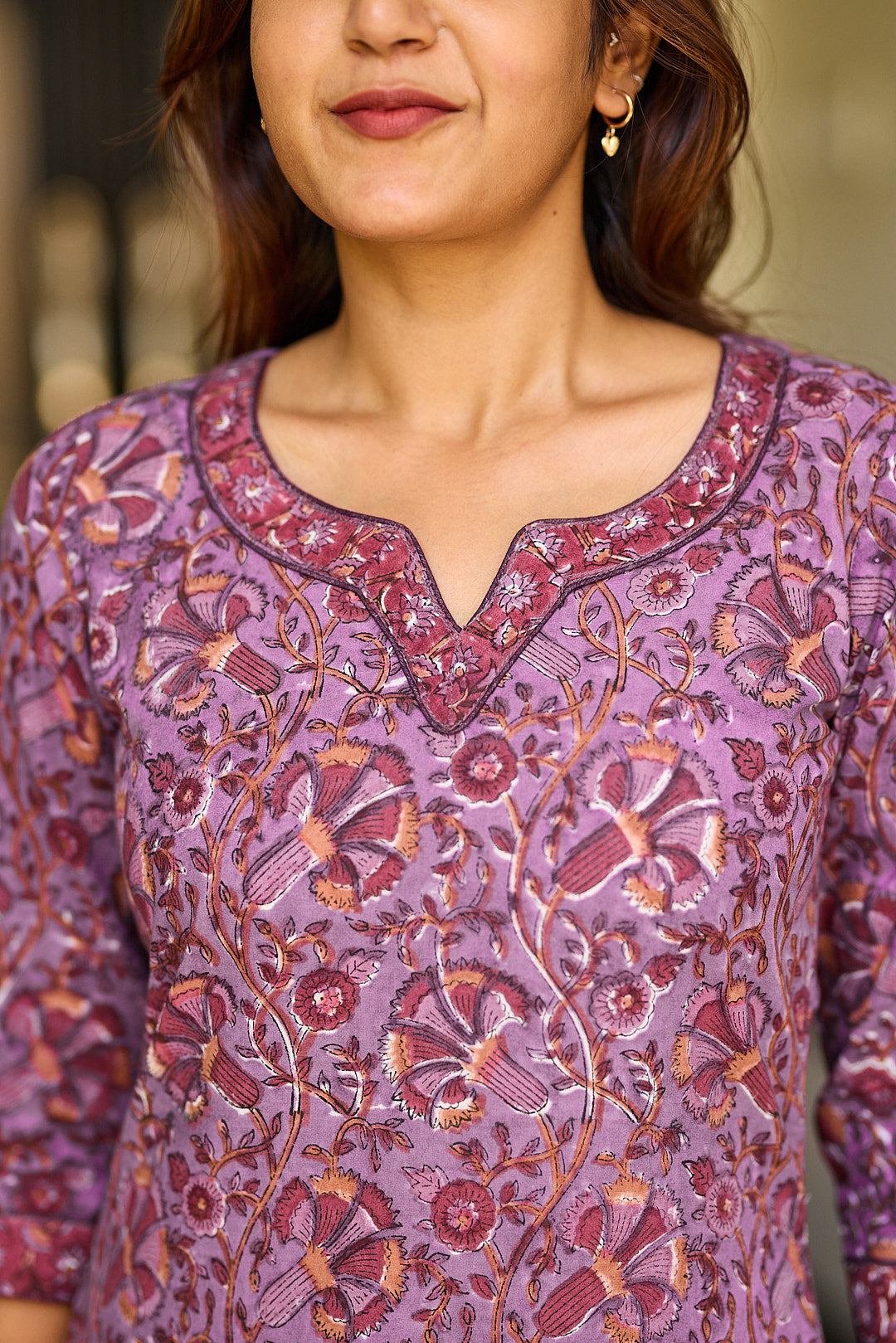 Mauve Garden Block Print Cotton Salwar Suit with Kota Dupatta