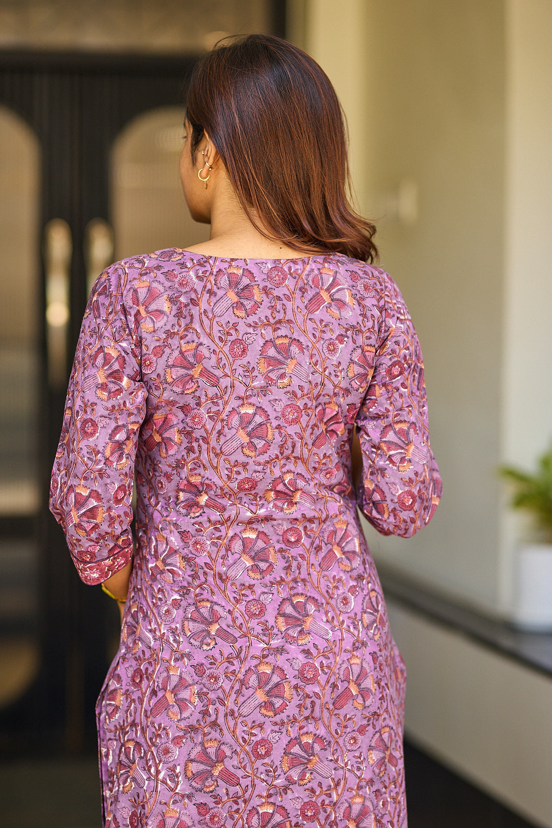 Mauve Garden Block Print Cotton Salwar Suit with Kota Dupatta