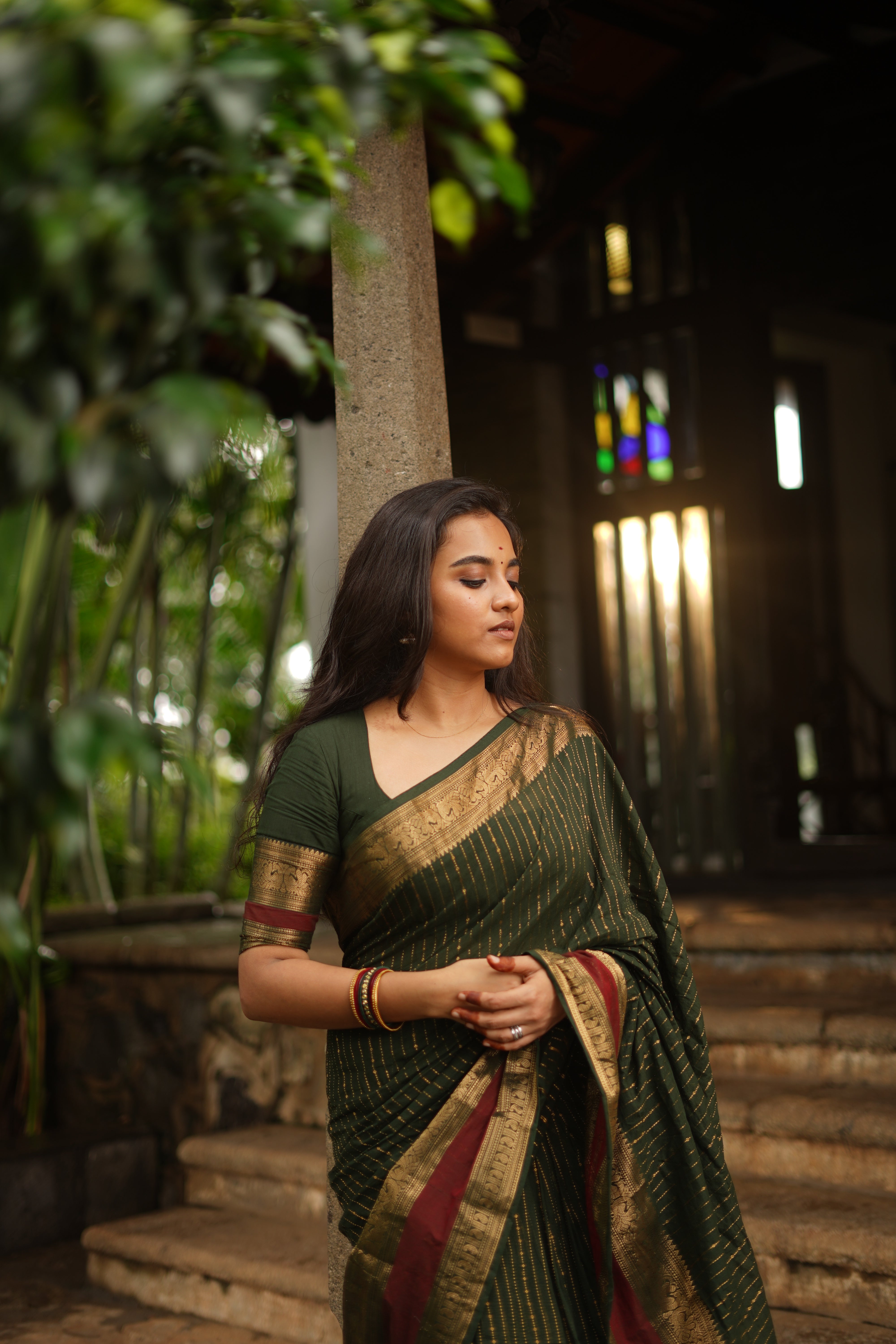 Maanasi Bottle Green and Maroon Border Chettinad Cotton Saree