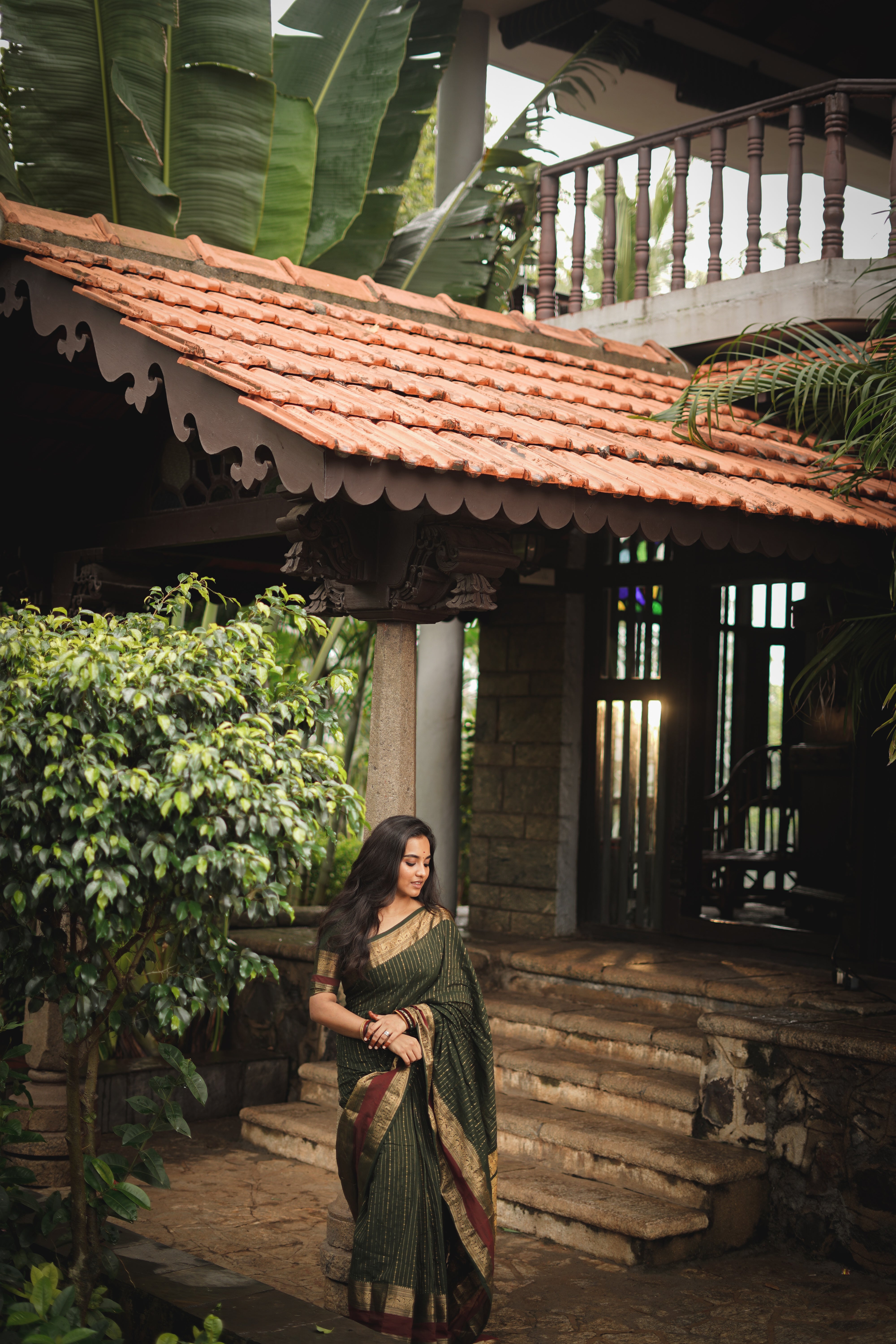 Maanasi Bottle Green and Maroon Border Chettinad Cotton Saree