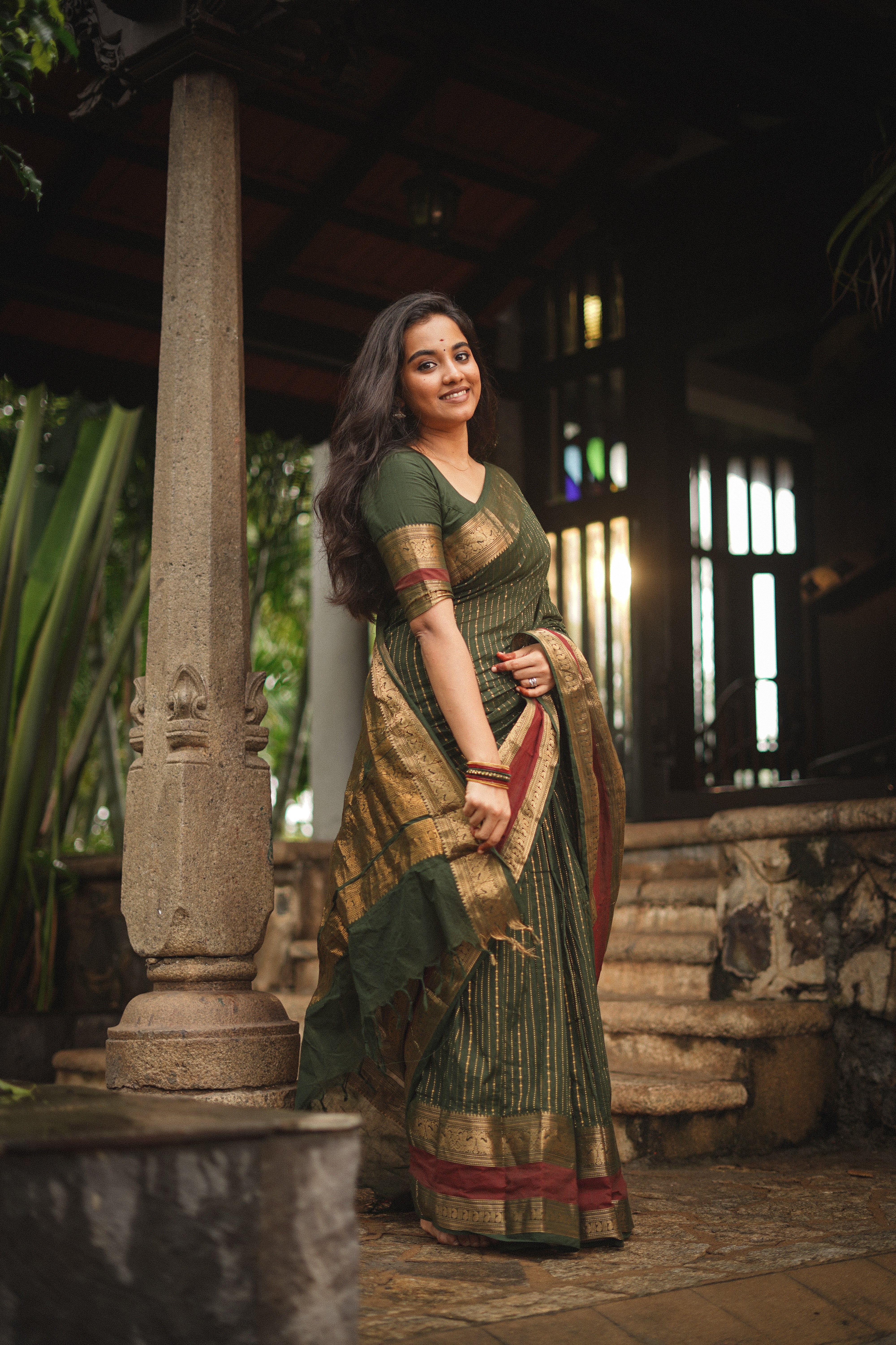 Maanasi Bottle Green and Maroon Border Chettinad Cotton Saree