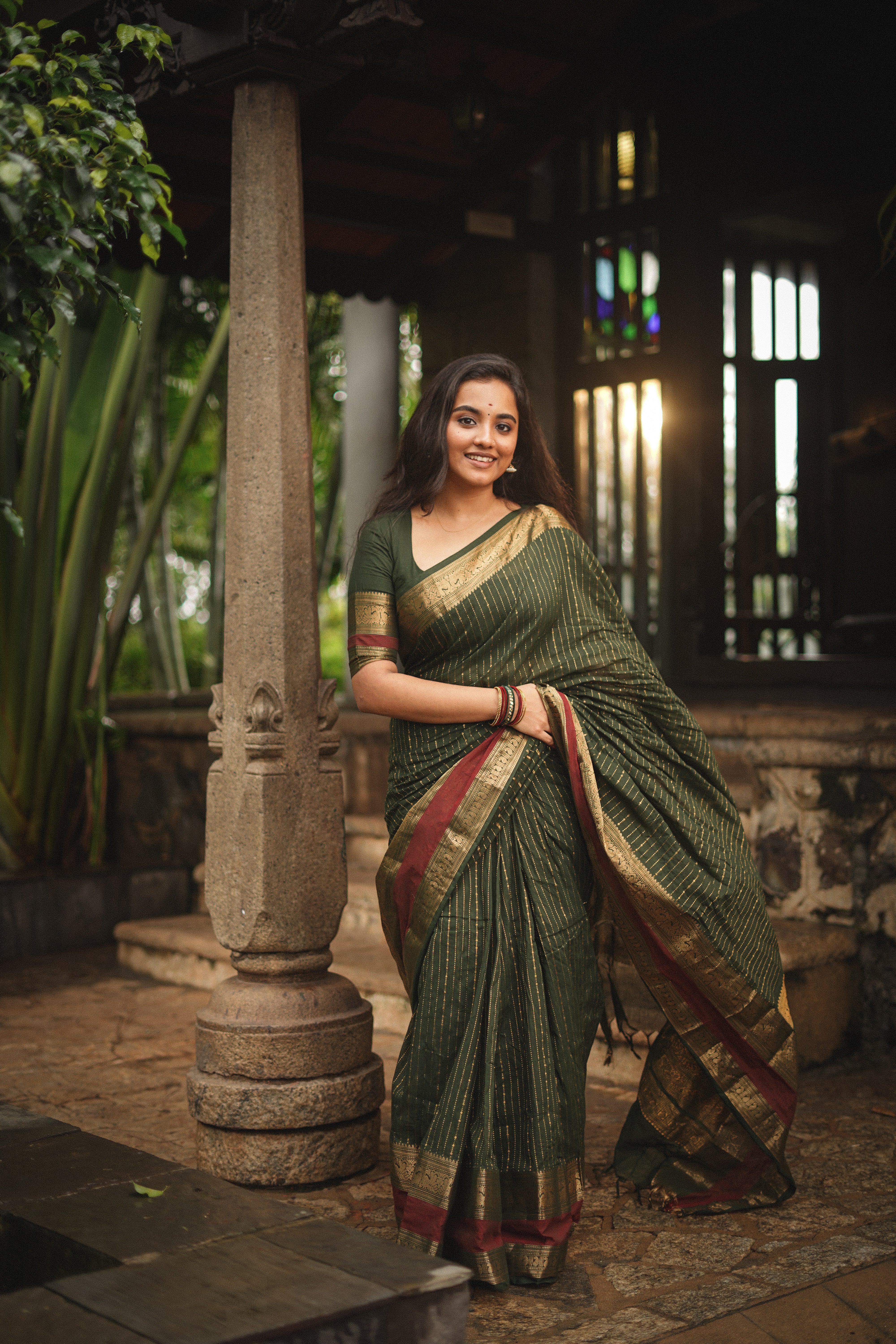 Maanasi Bottle Green and Maroon Border Chettinad Cotton Saree