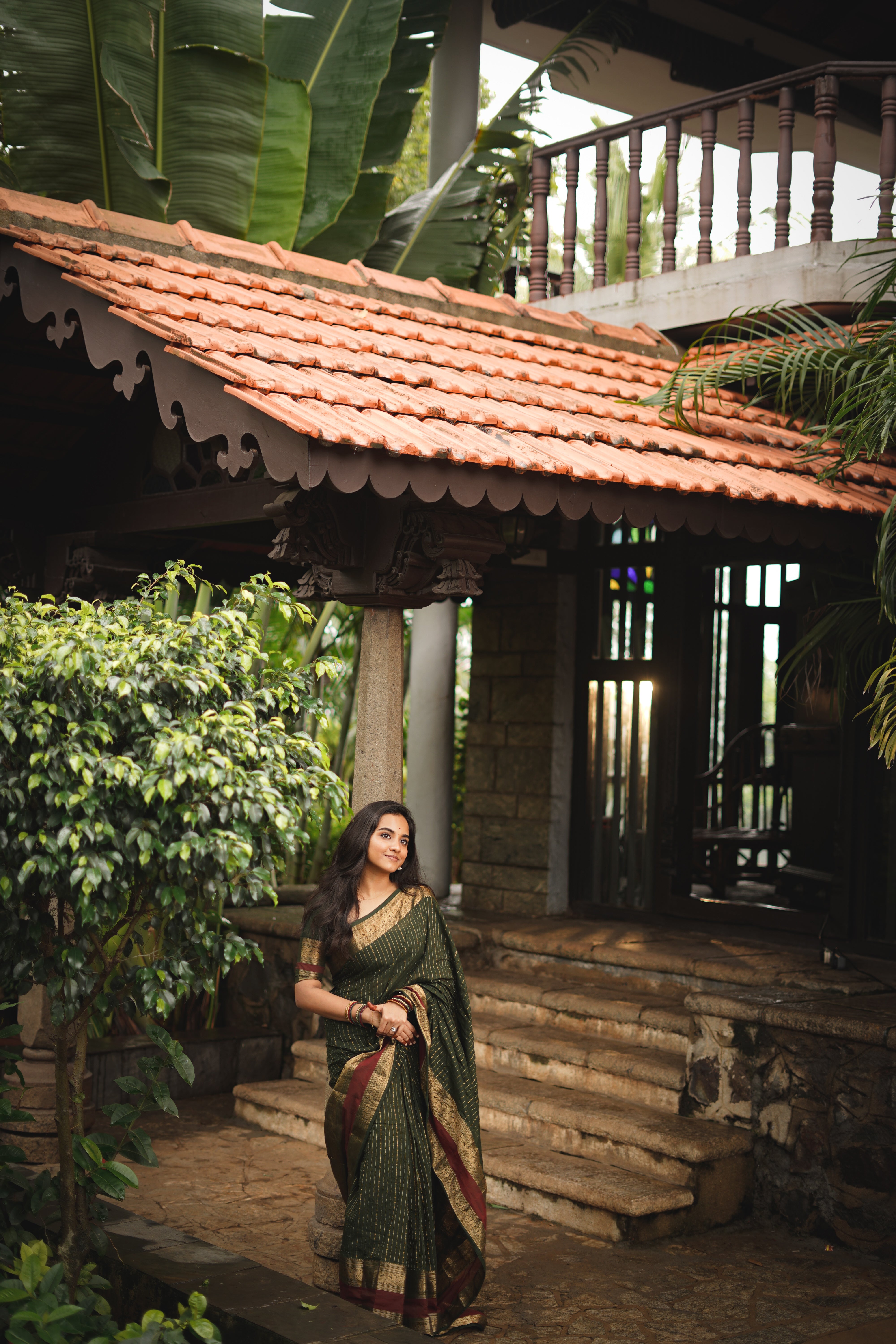 Maanasi Bottle Green and Maroon Border Chettinad Cotton Saree