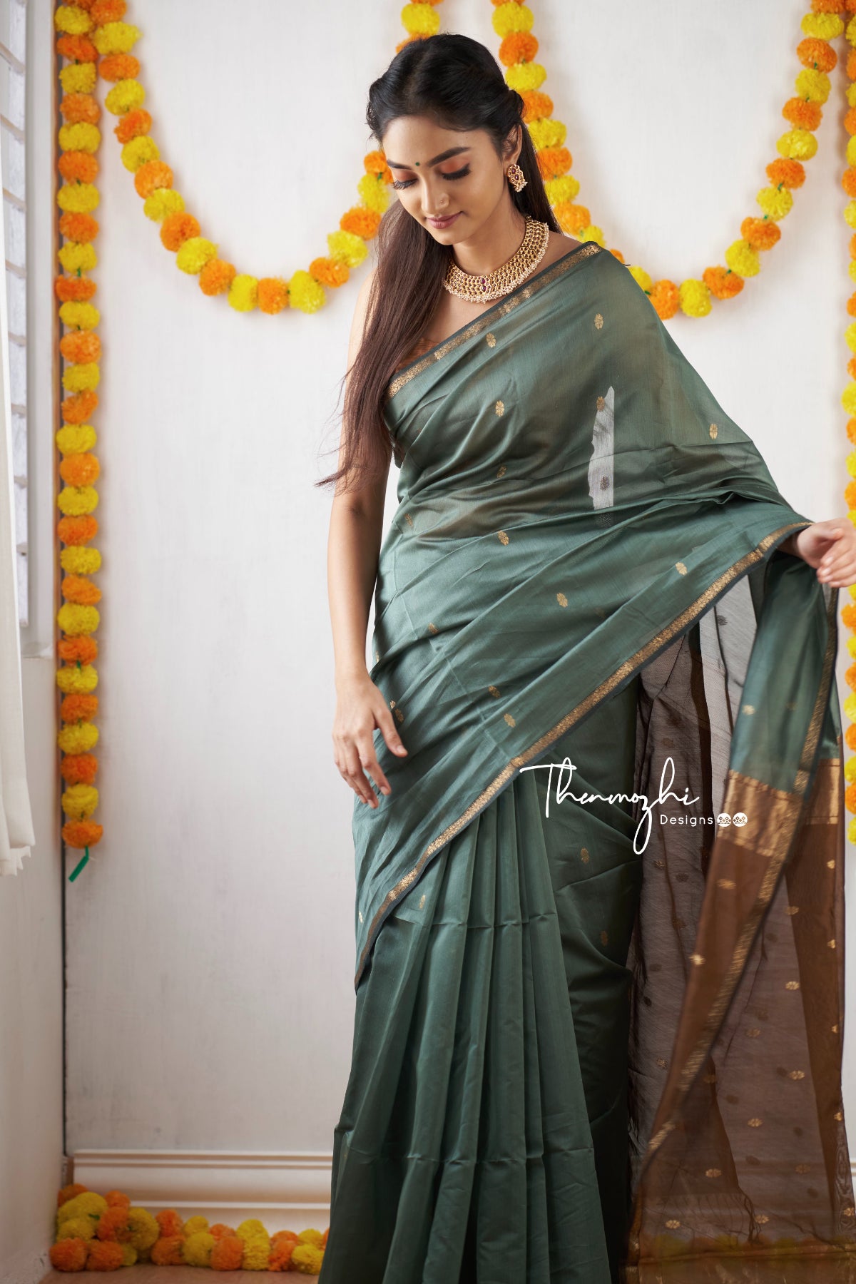 Ethnic Green Maheshwari Silk Handloom Cotton Saree