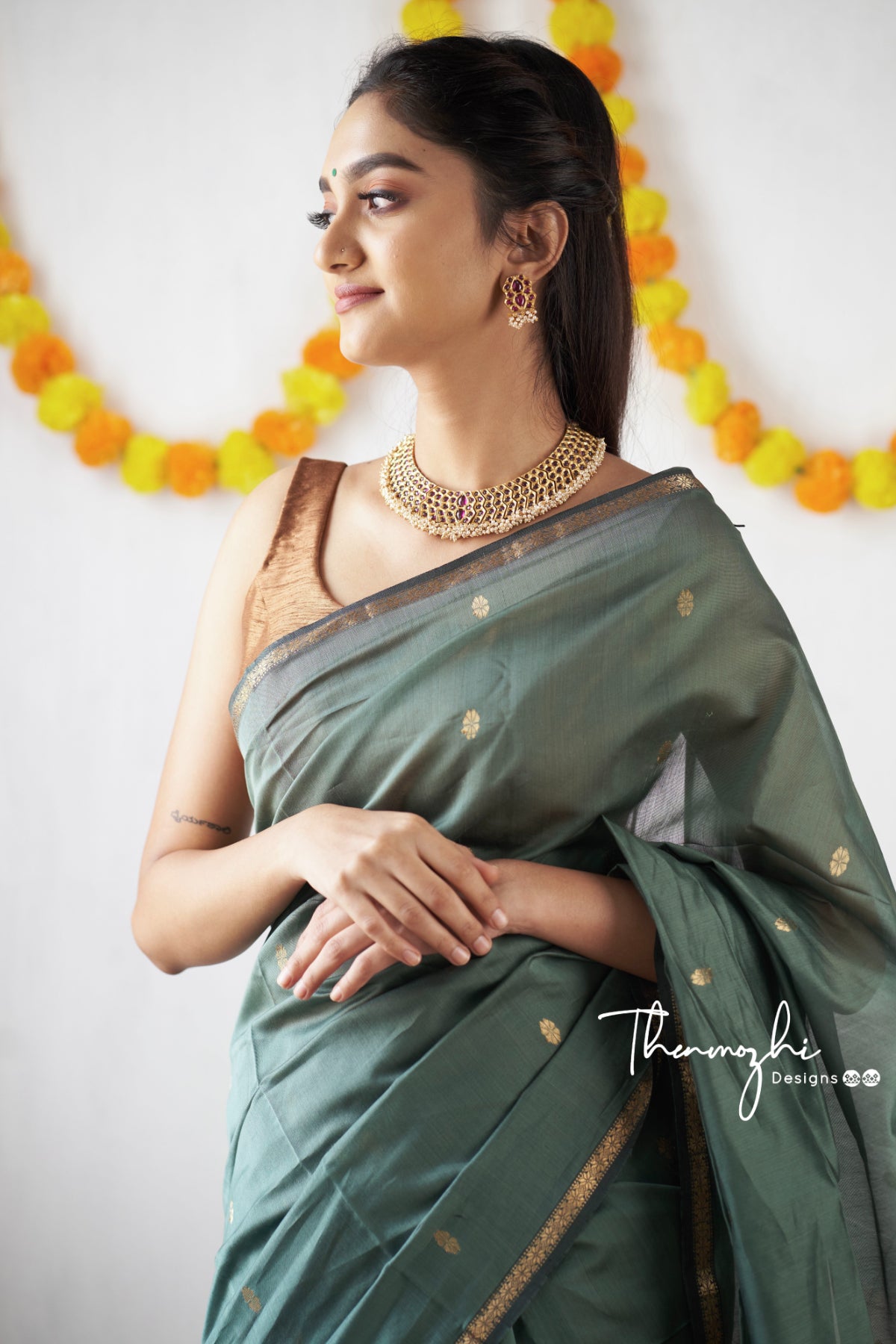 Ethnic Green Maheshwari Silk Handloom Cotton Saree