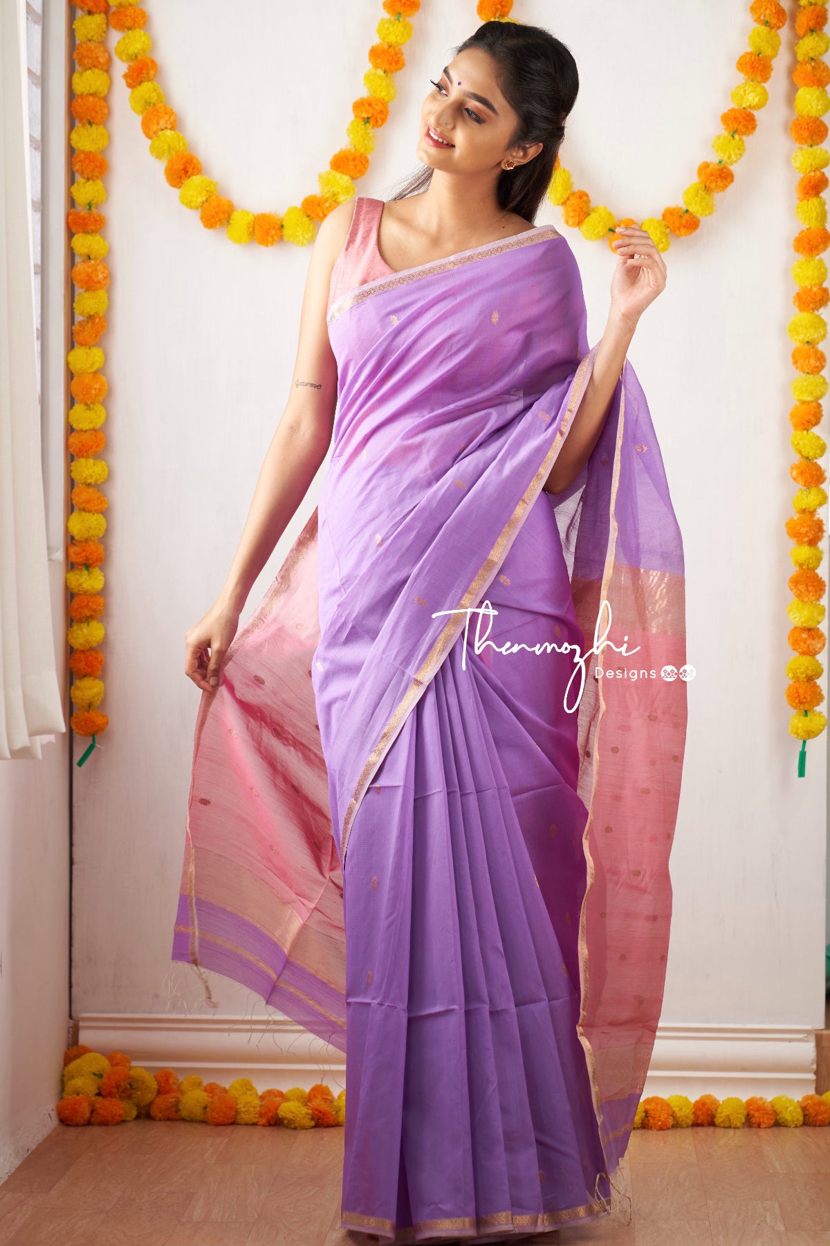 Lavender Bagru Handblock Check Mul Cotton Saree | ATHA by Niti