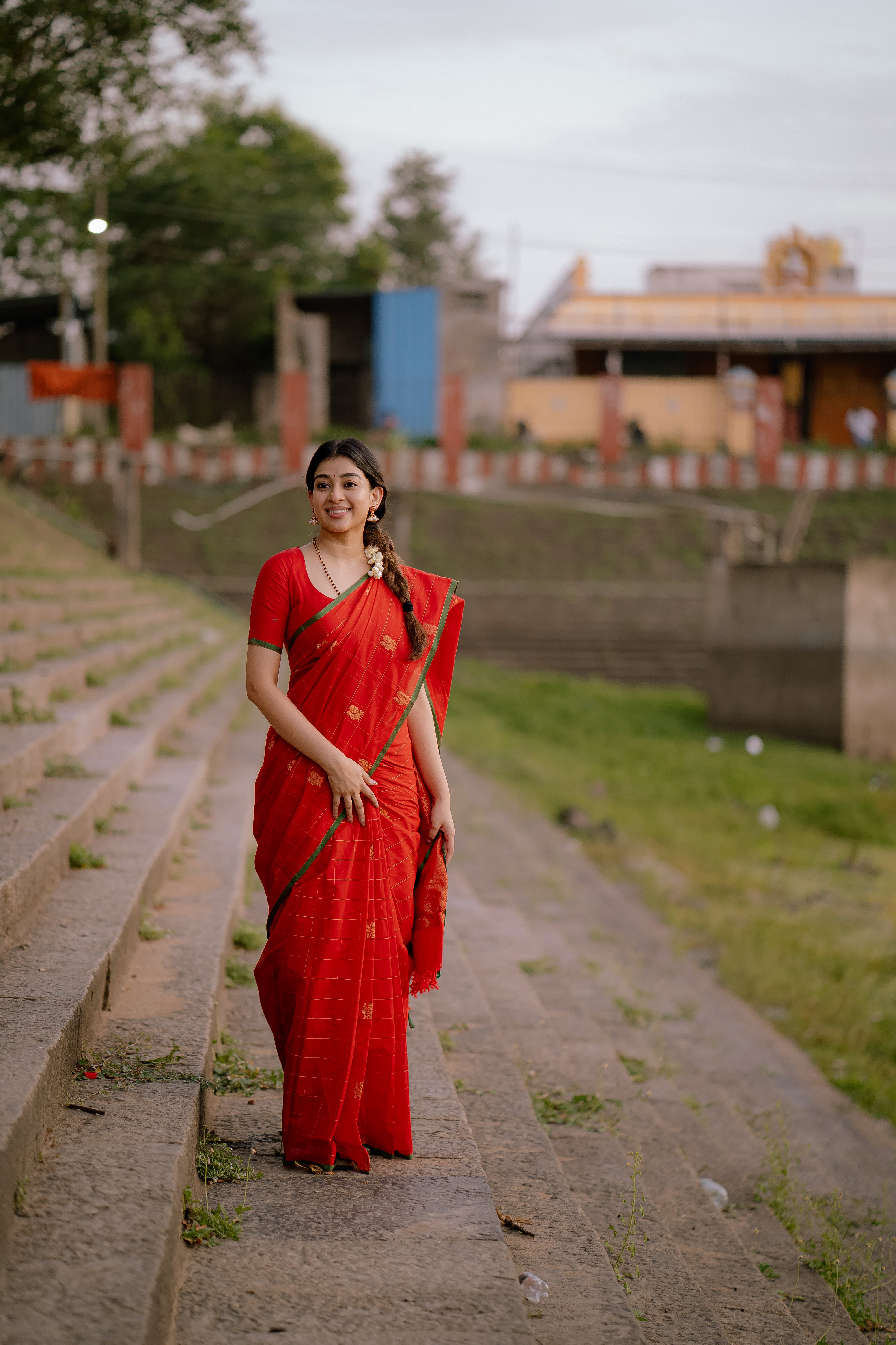 Luthuf - Red Zari Checked Chettinad Saree