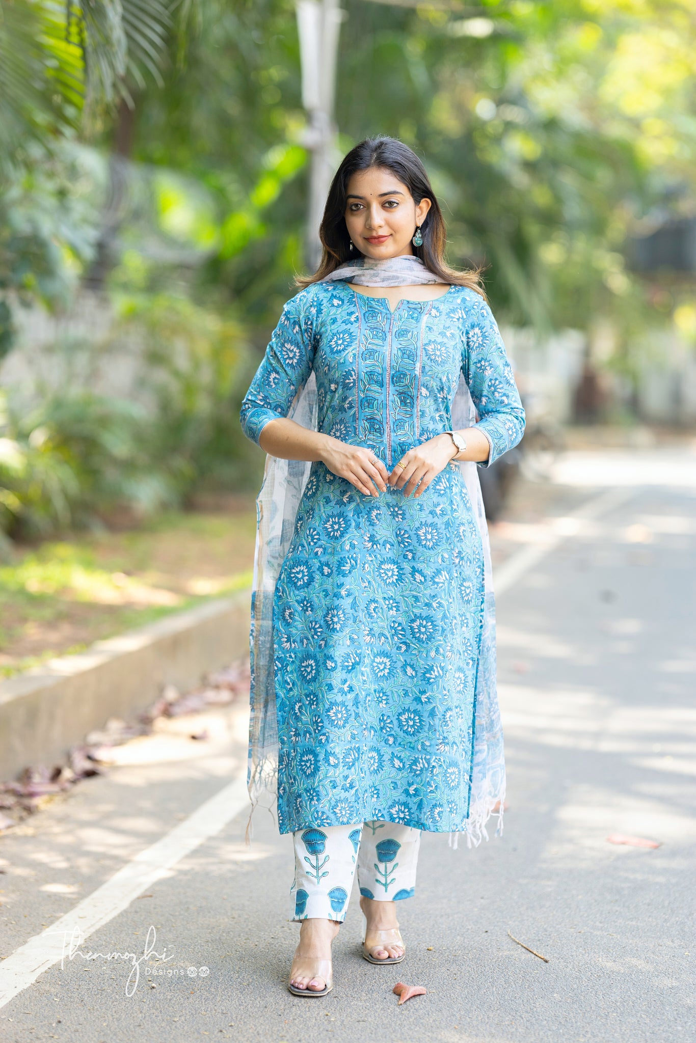 Pastel Blue Cotton Suit Set with Kota Dupatta