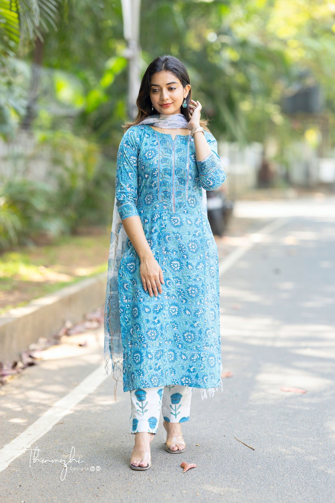 Pastel Blue Cotton Suit Set with Kota Dupatta