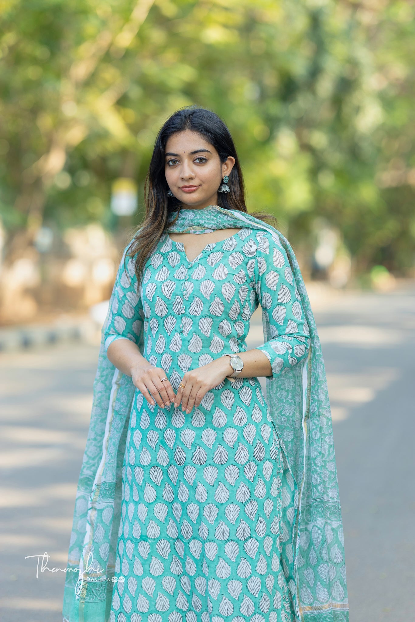 Light Green Cotton Suit Set with Kota Dupatta