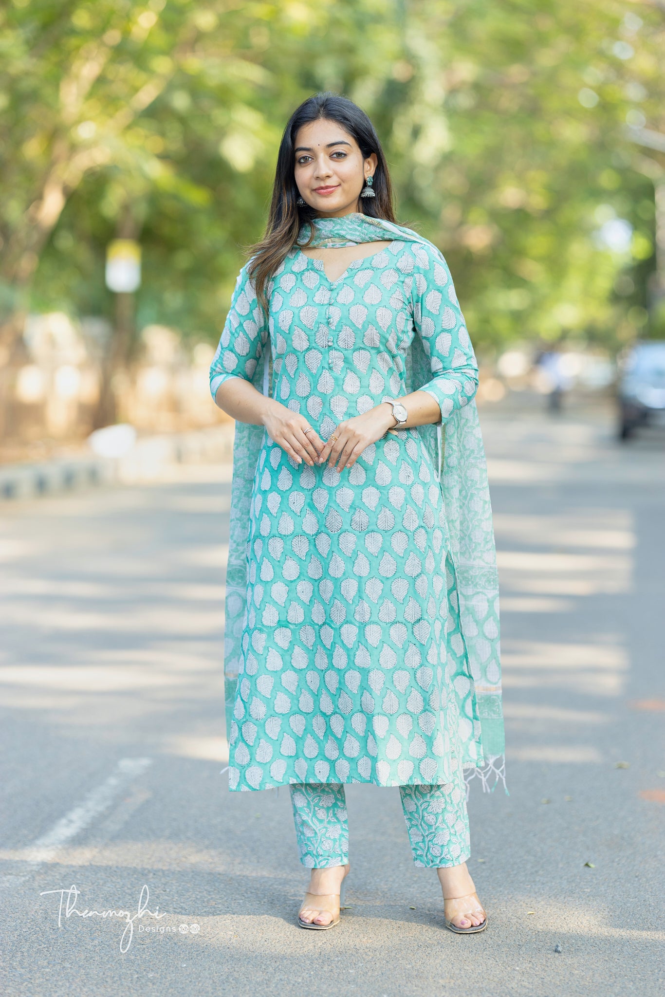 Light Green Cotton Suit Set with Kota Dupatta