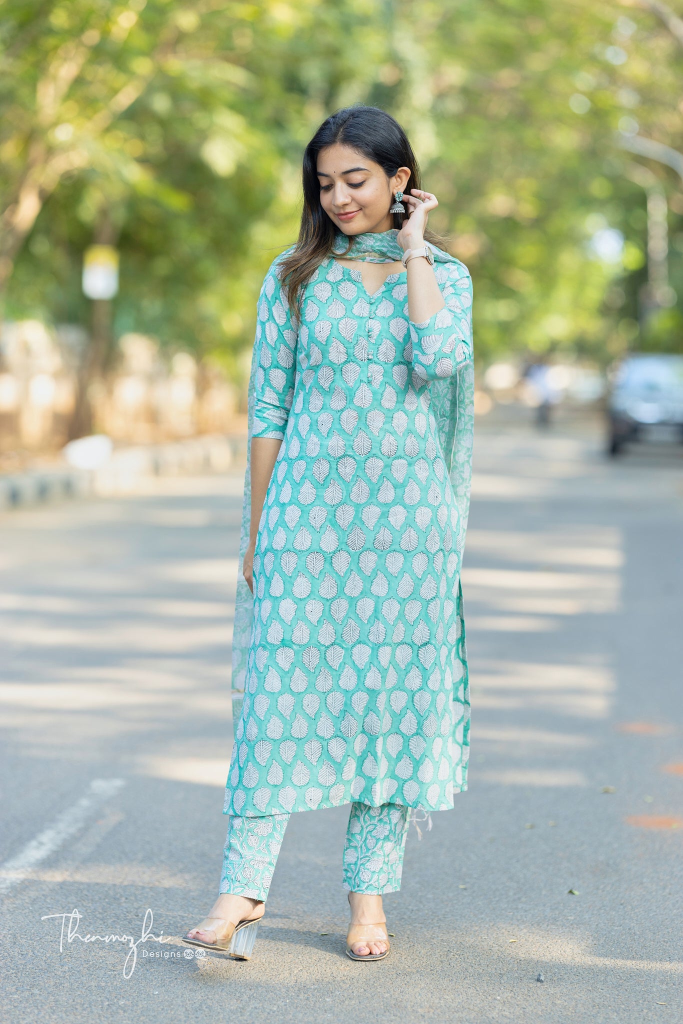 Light Green Cotton Suit Set with Kota Dupatta