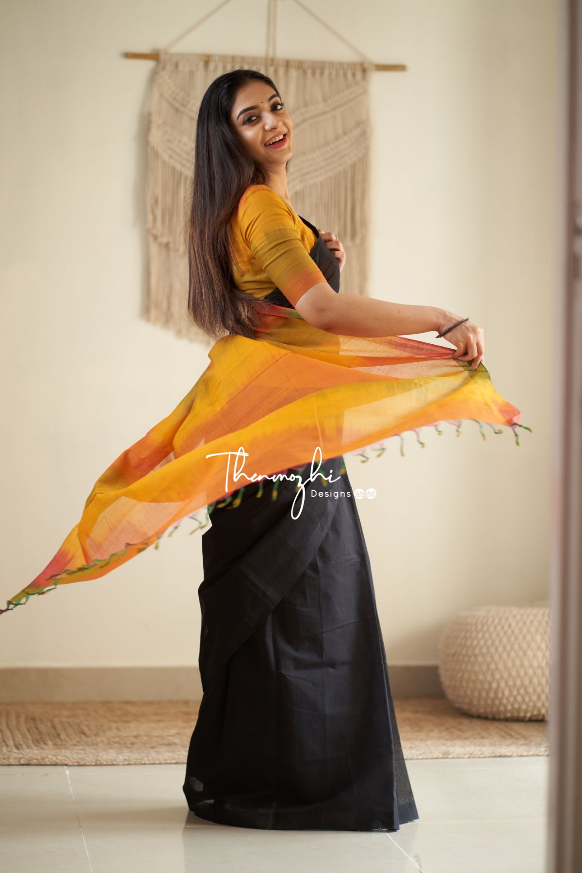 Black Cotton Saree with Woven Gold Temple Border #simple #saree #photoshoot  #poses #simplesareephotoshootposes … | Black cotton saree, Saree  photoshoot, Black saree