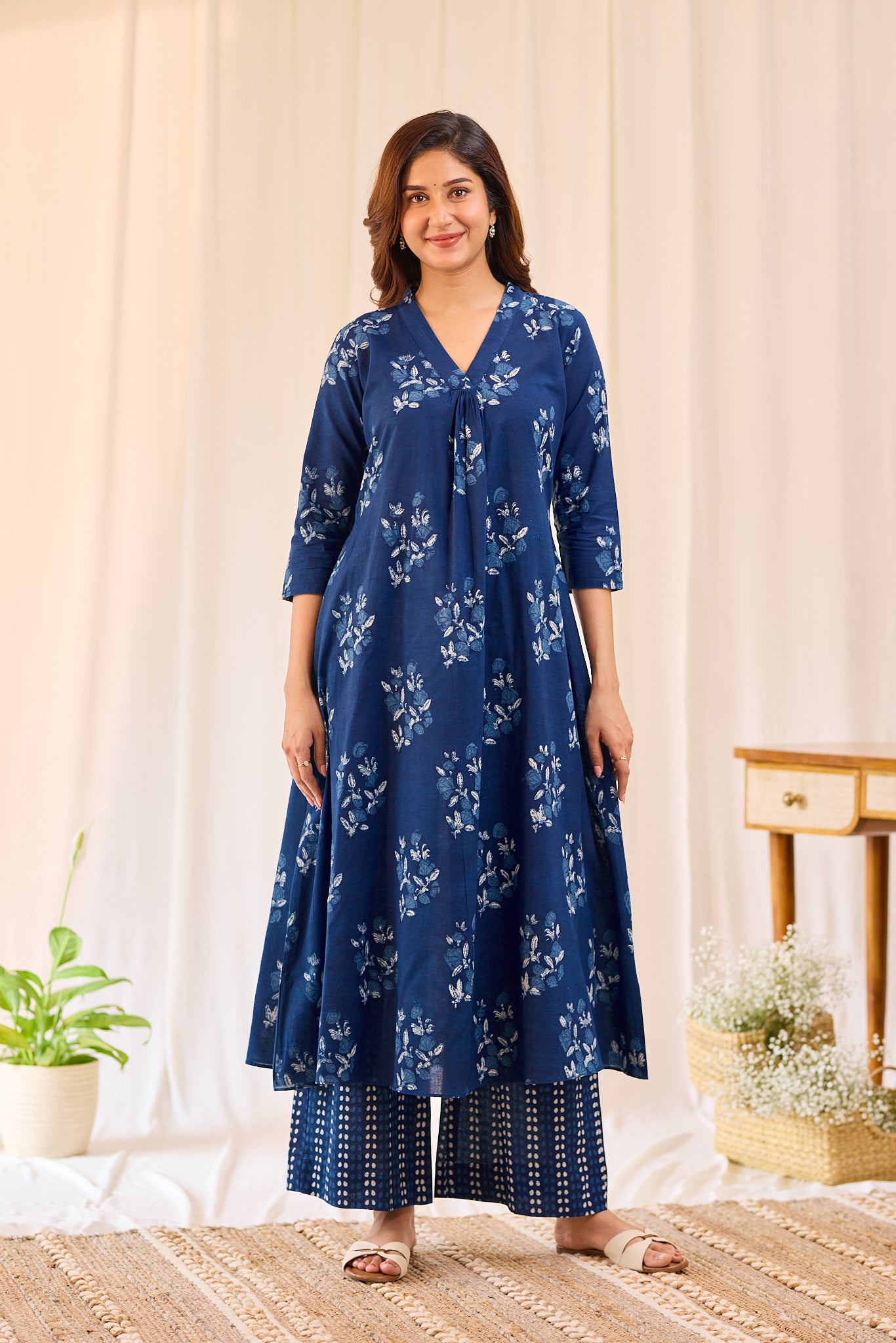 Indigo Blue A - line Free style Hand-block Top with Palazzo Pant