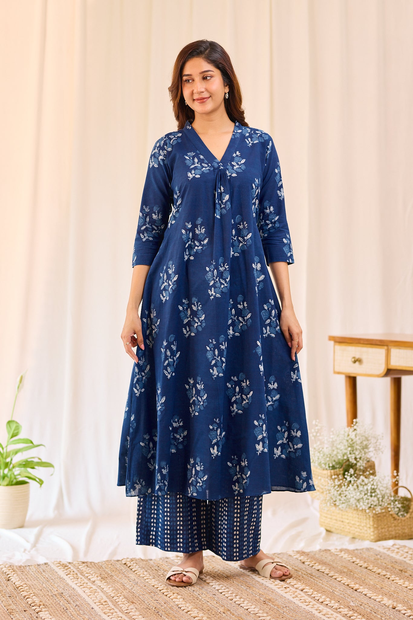 Indigo Blue A - line Free style Hand-block Top with Palazzo Pant