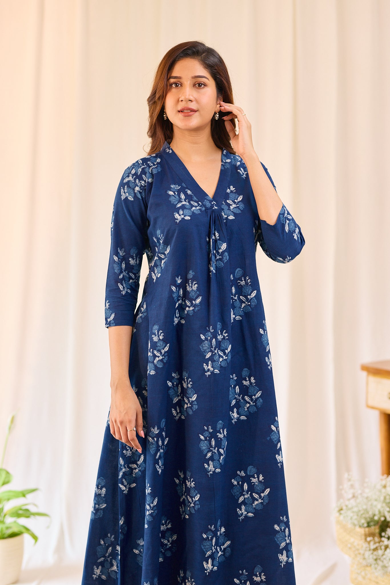 Indigo Blue A - line Free style Hand-block Top with Palazzo Pant