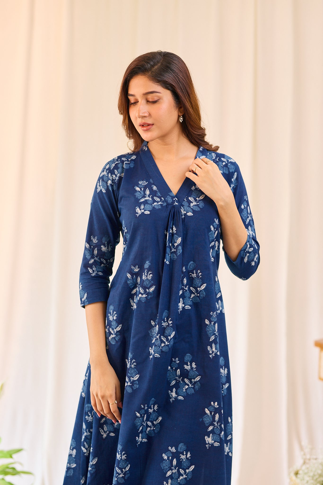 Indigo Blue A - line Free style Hand-block Top with Palazzo Pant