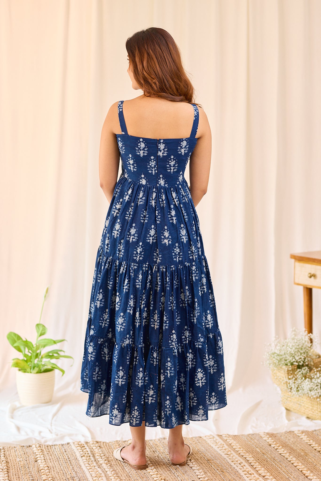 Indigo Floral  Hand-block printed Sleeveless Tired Midi Dress
