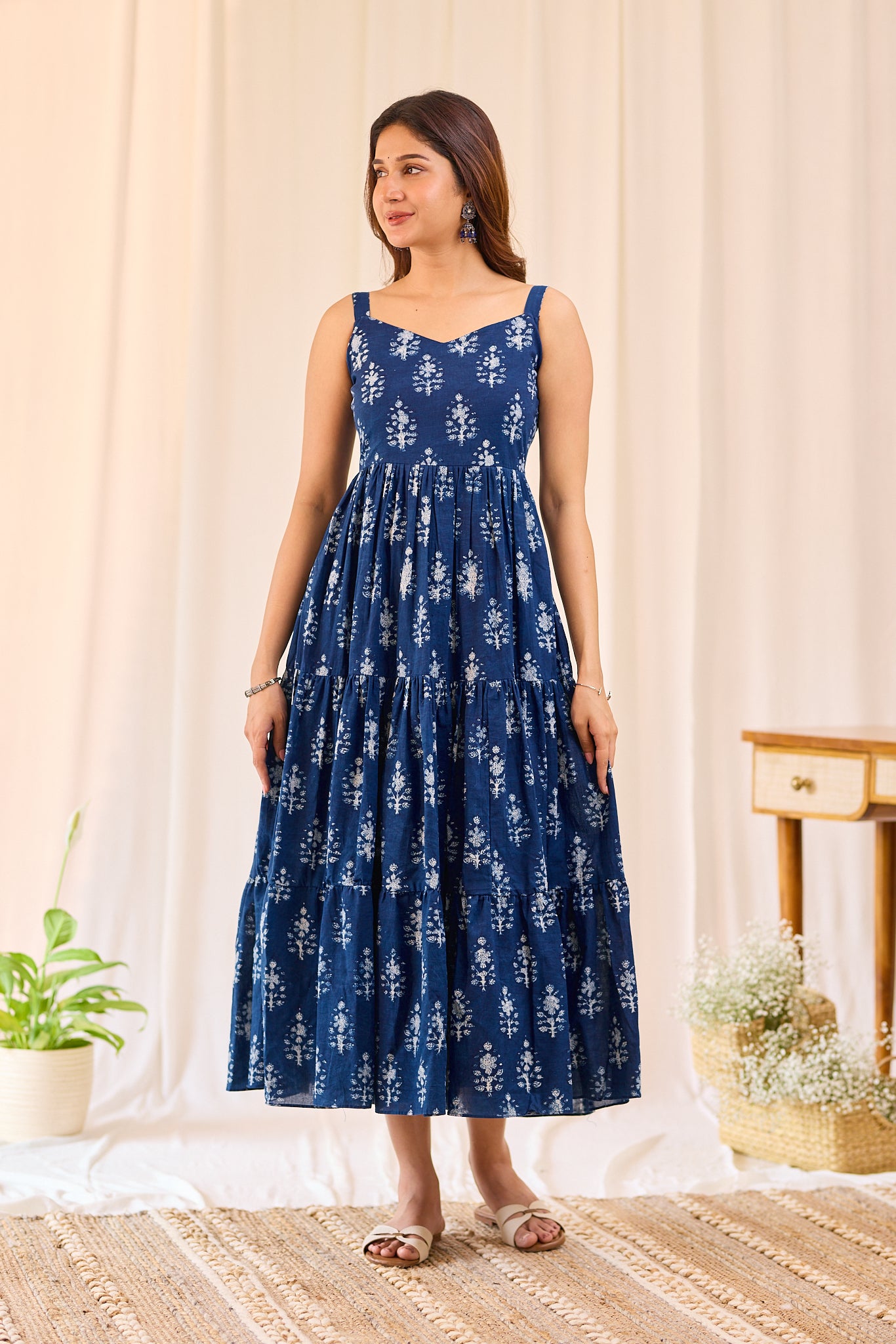 Indigo Floral  Hand-block printed Sleeveless Tired Midi Dress