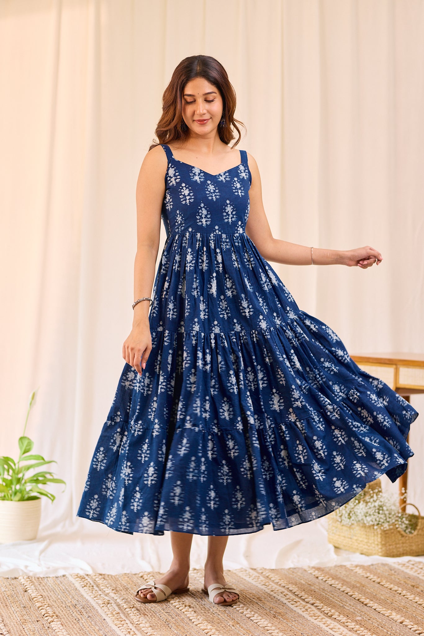 Indigo Floral  Hand-block printed Sleeveless Tired Midi Dress