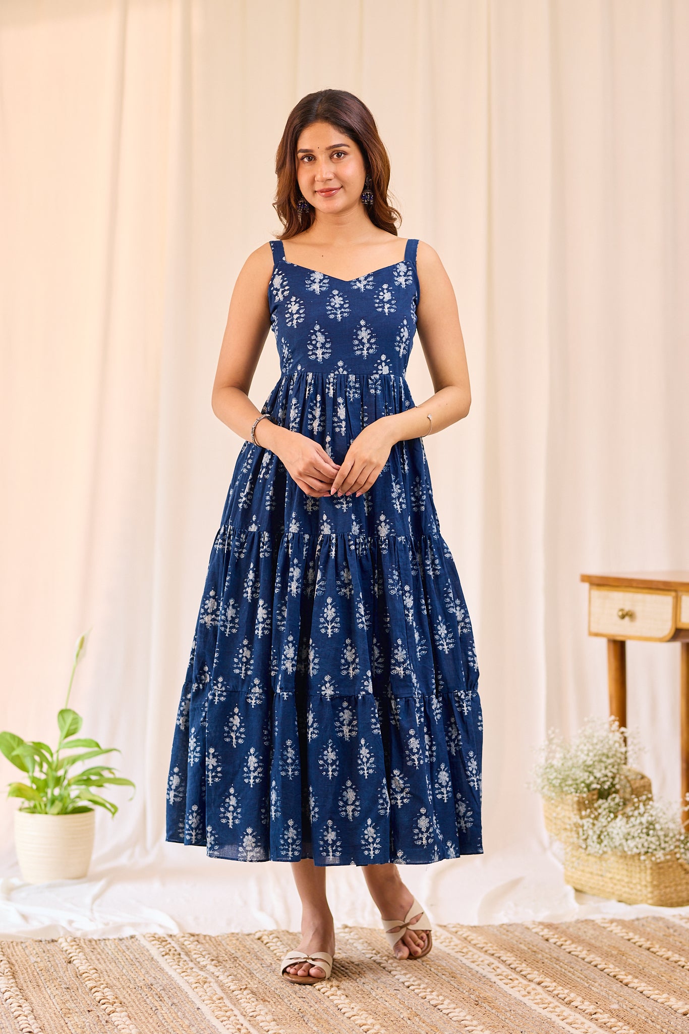 Indigo Floral  Hand-block printed Sleeveless Tired Midi Dress