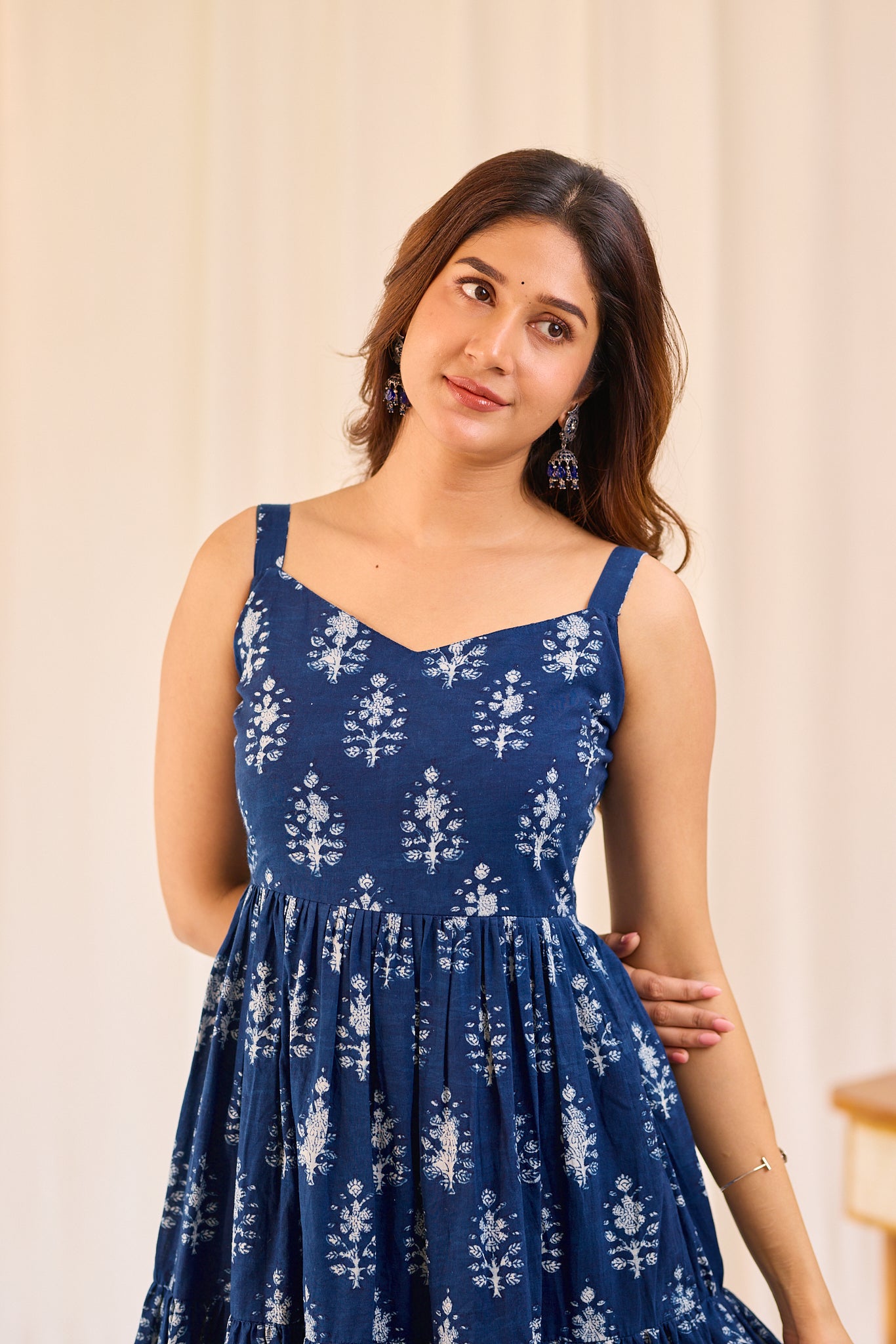 Indigo Floral  Hand-block printed Sleeveless Tired Midi Dress