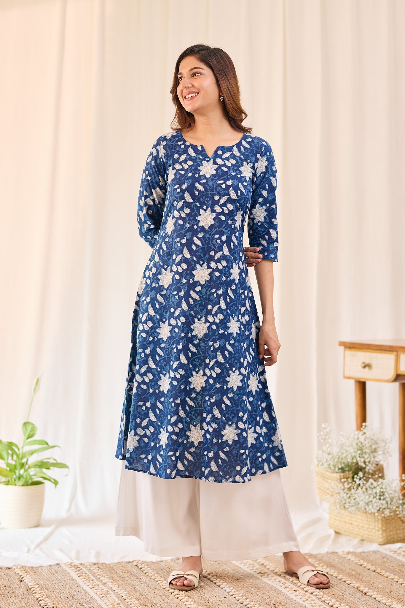 Indigo blossom floral Hand-block printed kurta