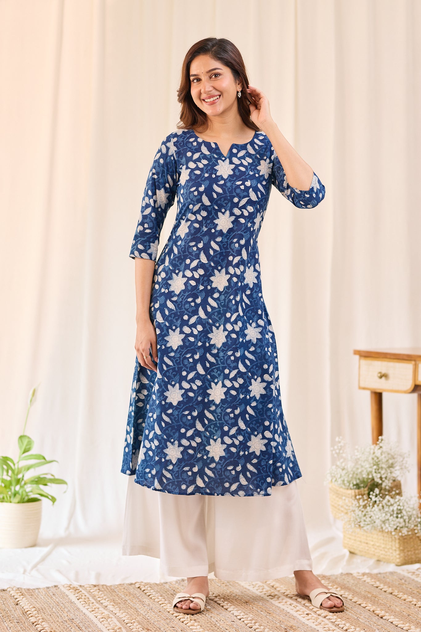 Indigo blossom floral Hand-block printed kurta