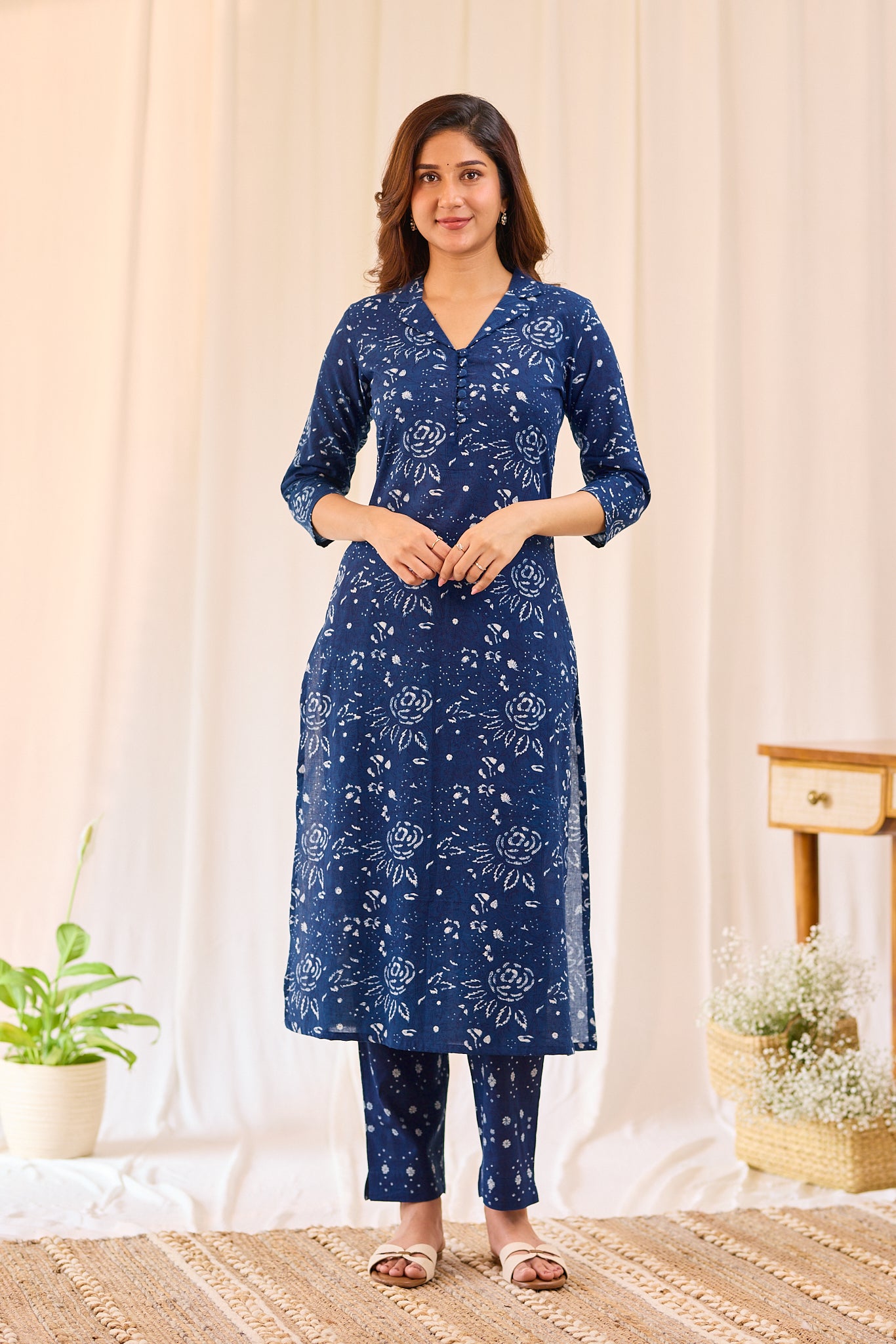 Indigo blue floral Hand - block printed Kurta Set