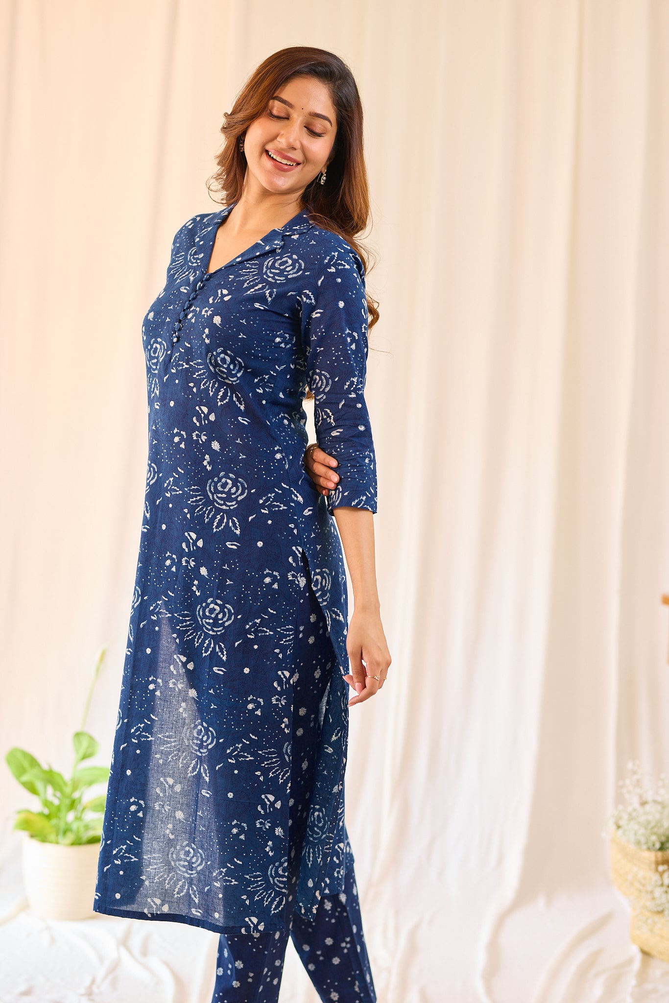Indigo blue floral Hand - block printed Kurta Set