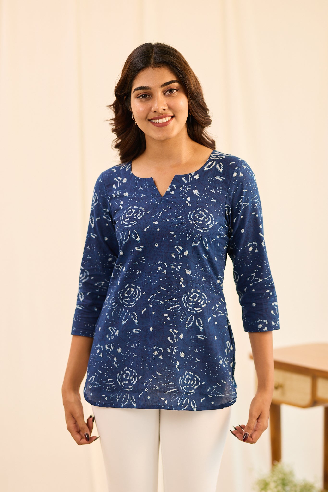 Indigo with Soft White Motif Printed Cotton Short Kurti