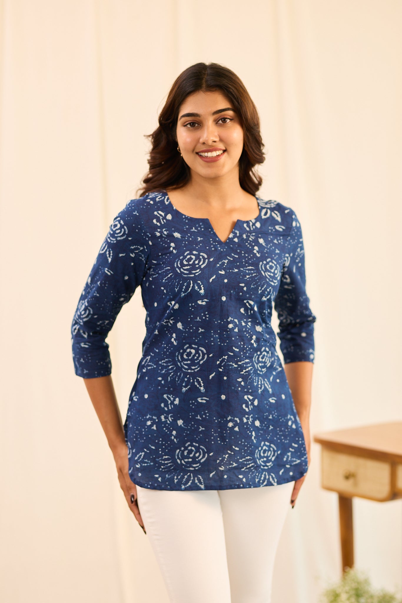 Indigo with Soft White Motif Printed Cotton Short Kurti
