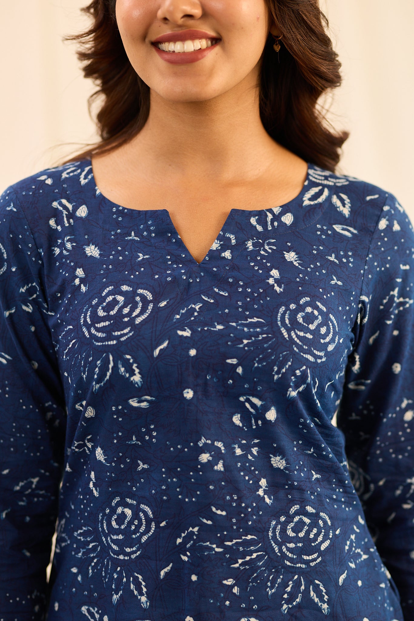 Indigo with Soft White Motif Printed Cotton Short Kurti