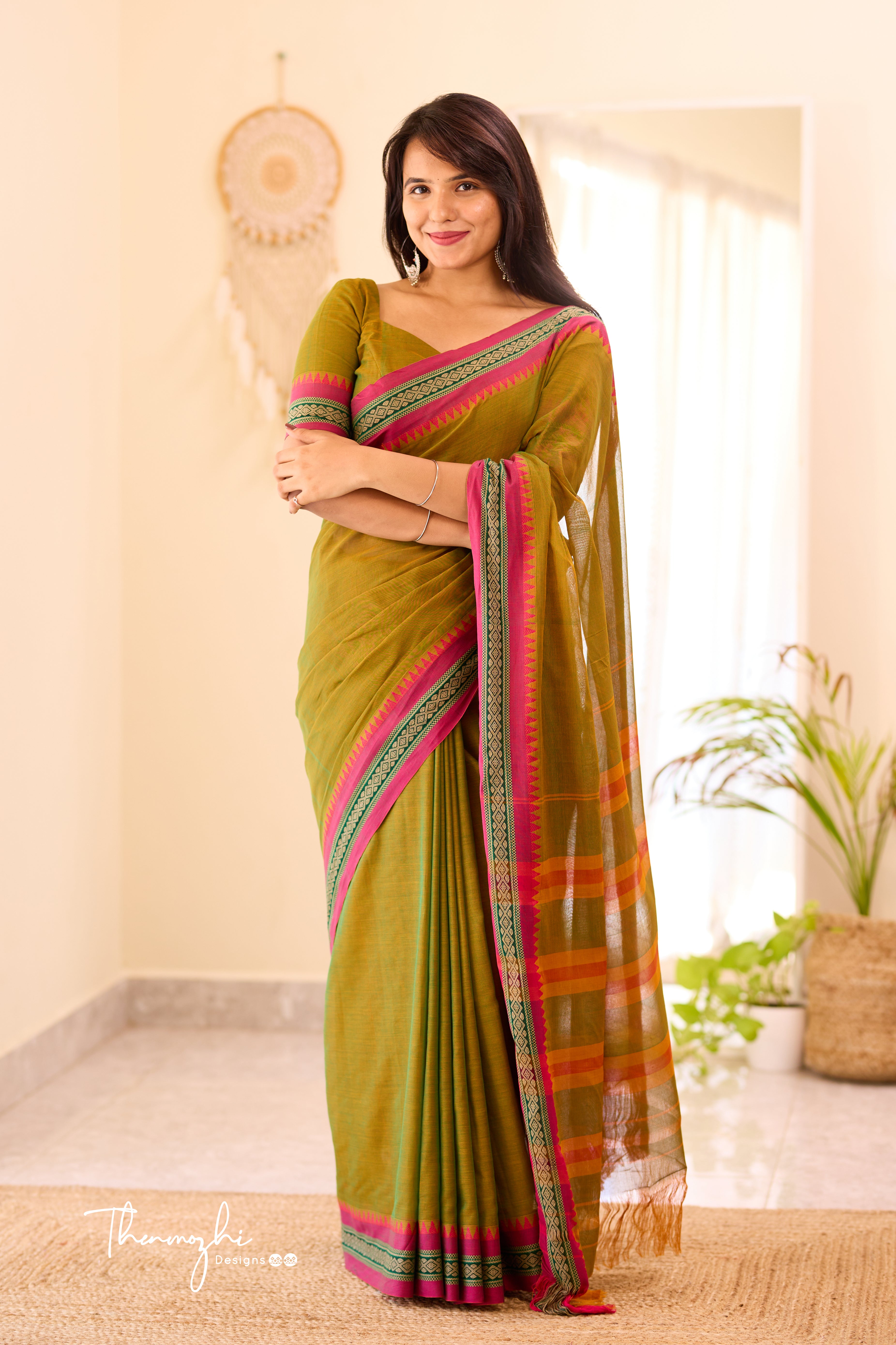 Olive green Narayanpet Temple Border Saree