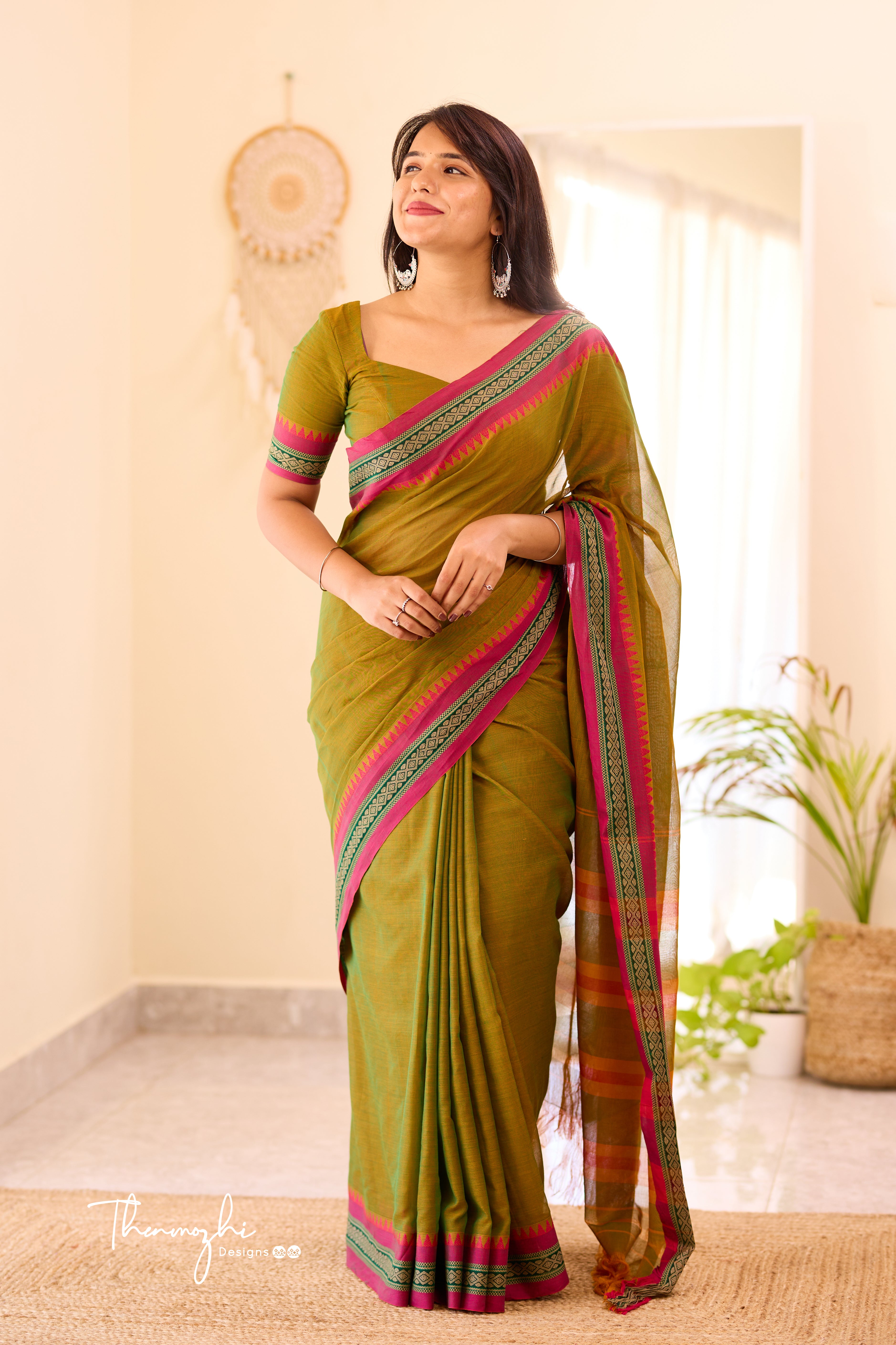 Olive green Narayanpet Temple Border Saree