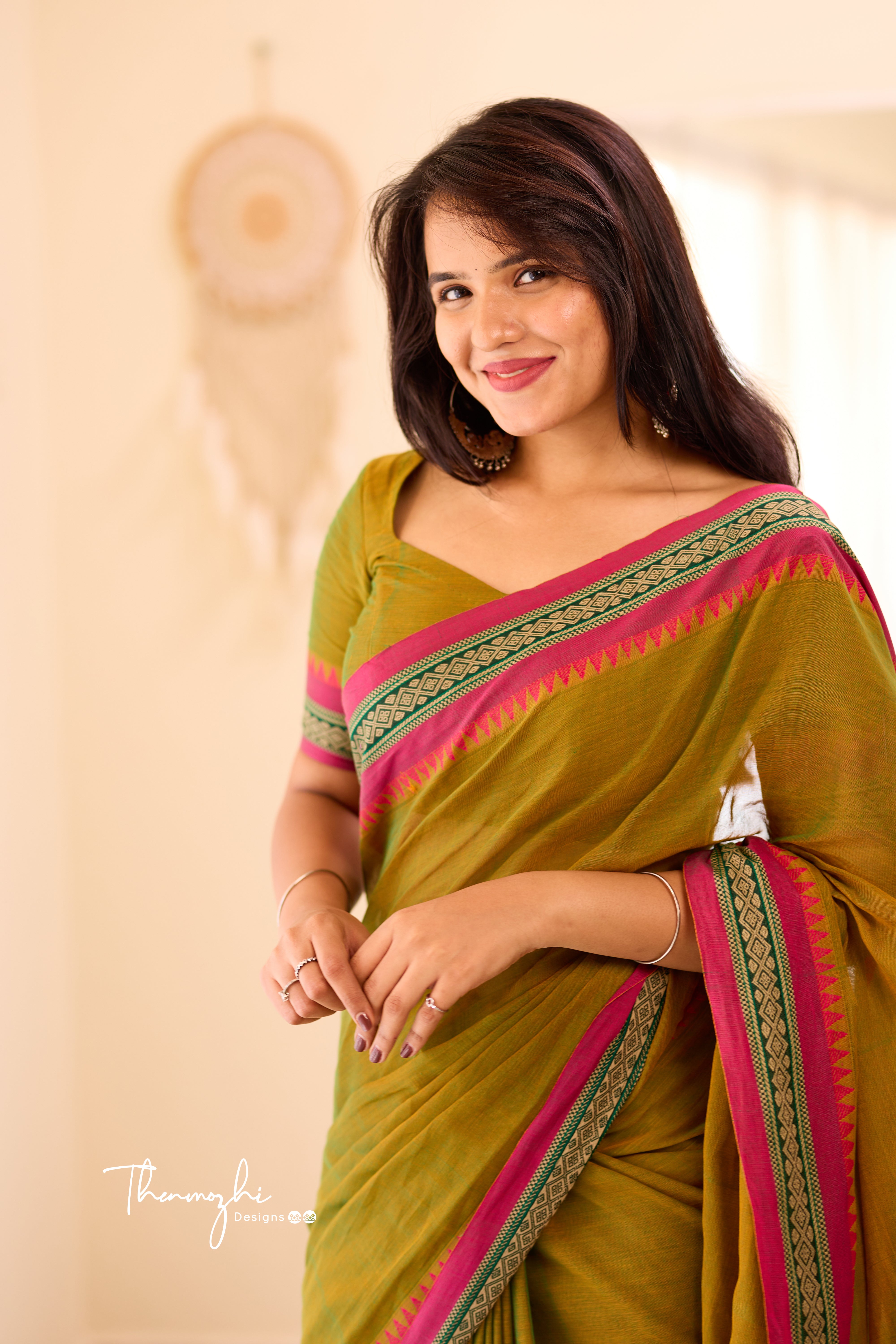 Olive green Narayanpet Temple Border Saree